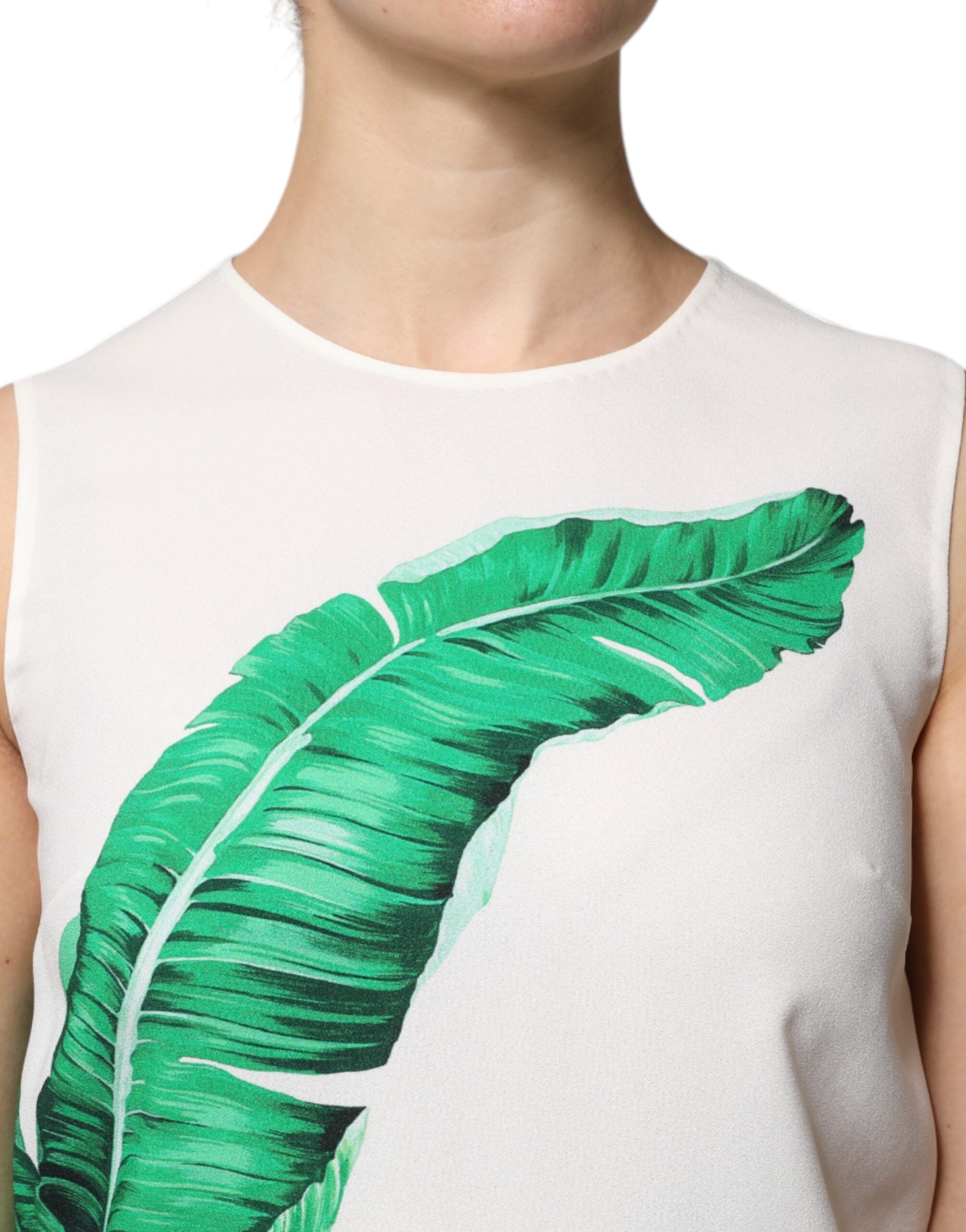 Dolce & Gabbana White Banana Leaf Print Round Neck Tank Women's Top