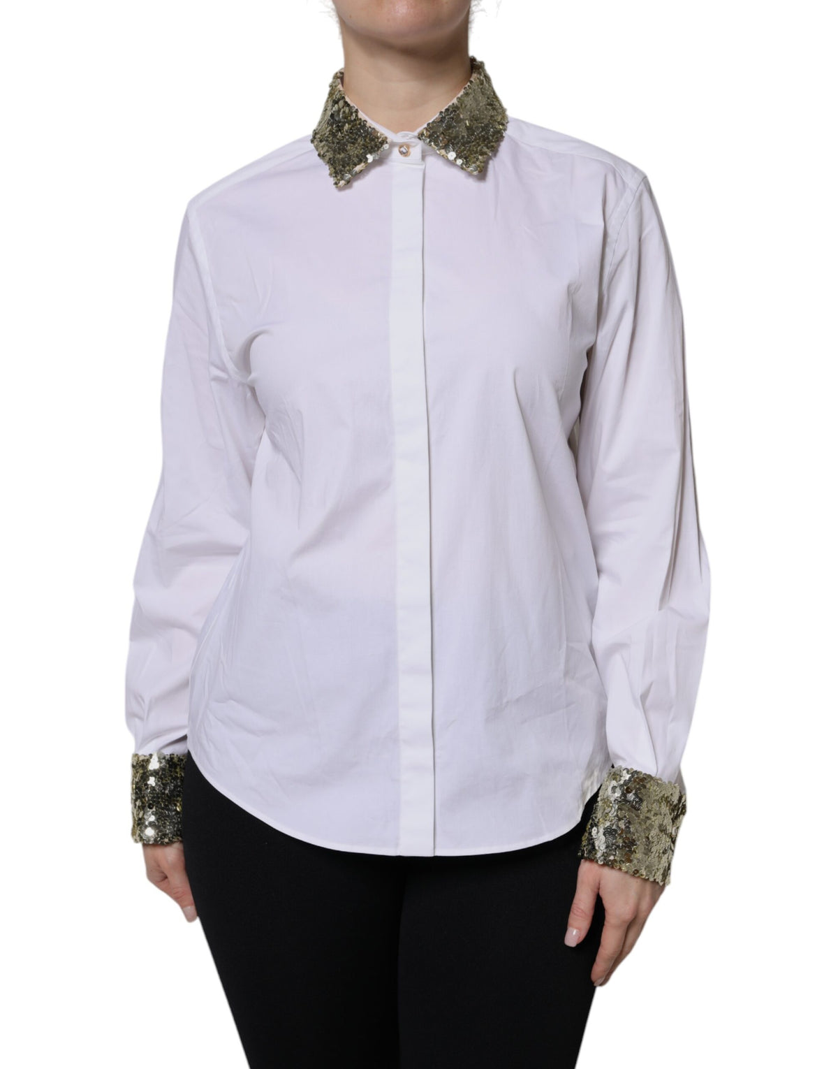 Dolce & Gabbana White Cotton Long Sleeves Sequin Shirt Women's Top (Pre-Owned)