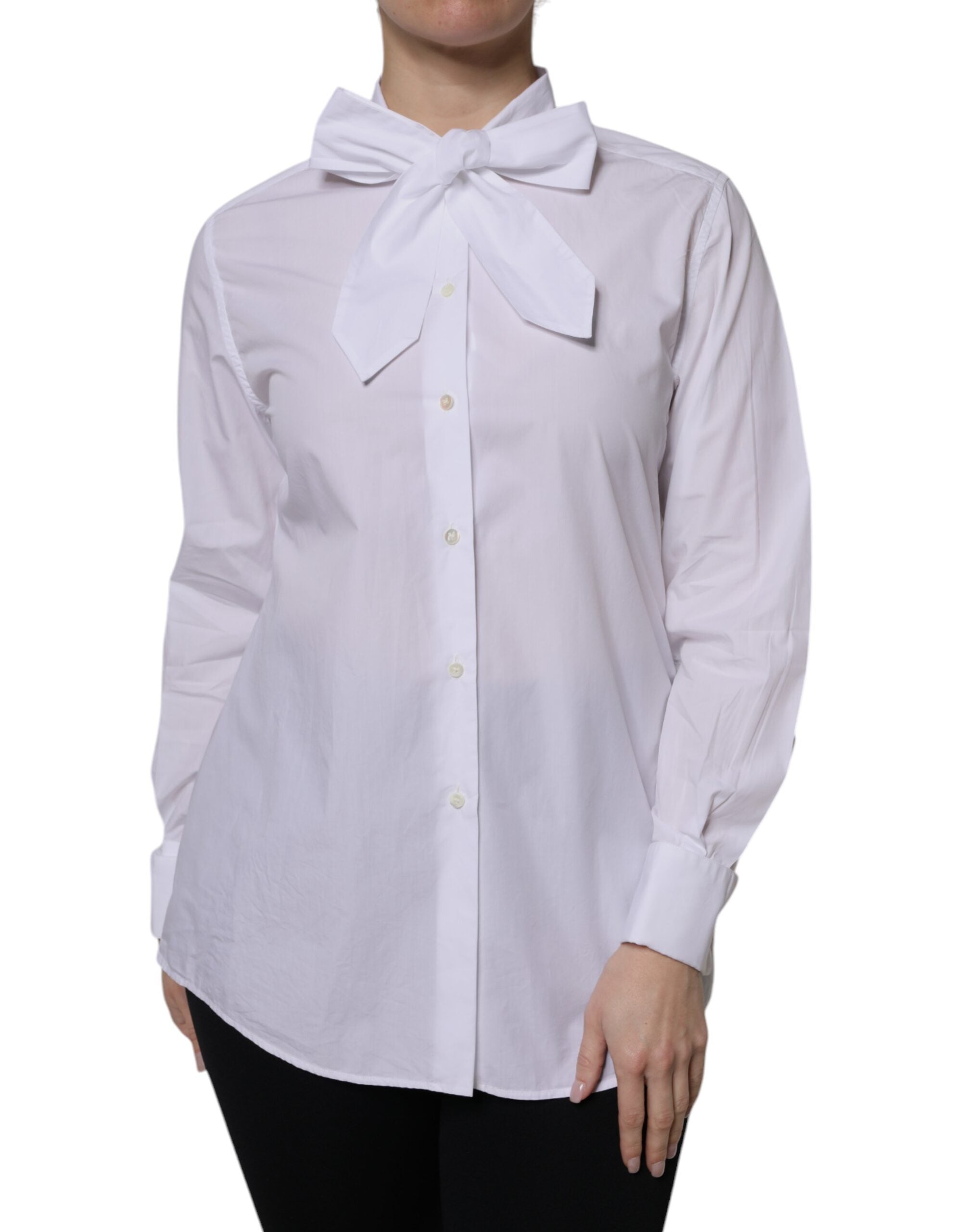 Dolce & Gabbana White Ascot Collar Long Sleeve Blouse Women's Top