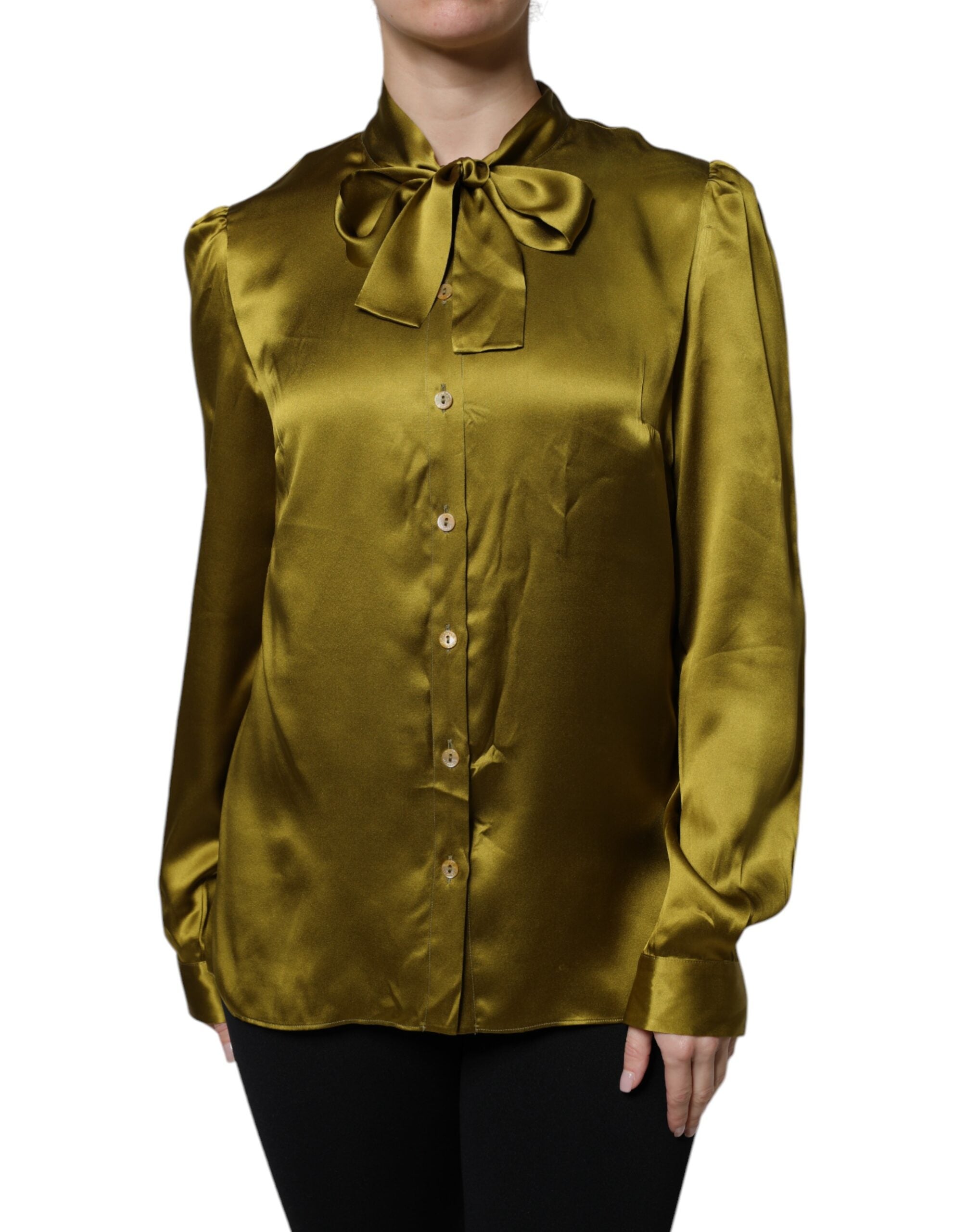 Dolce & Gabbana Olive Green Ascot Collar Long Sleeve Blouse Women's Top (Pre-Owned)