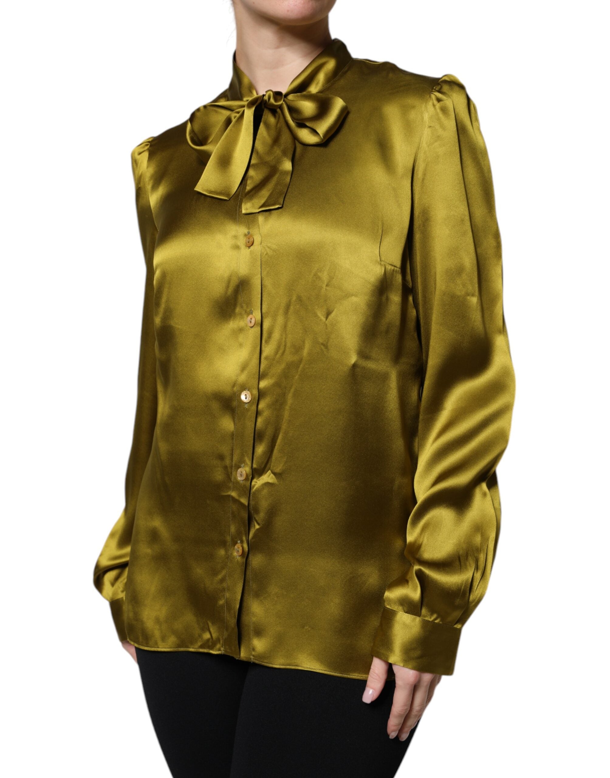 Dolce & Gabbana Olive Green Ascot Collar Long Sleeve Blouse Women's Top (Pre-Owned)