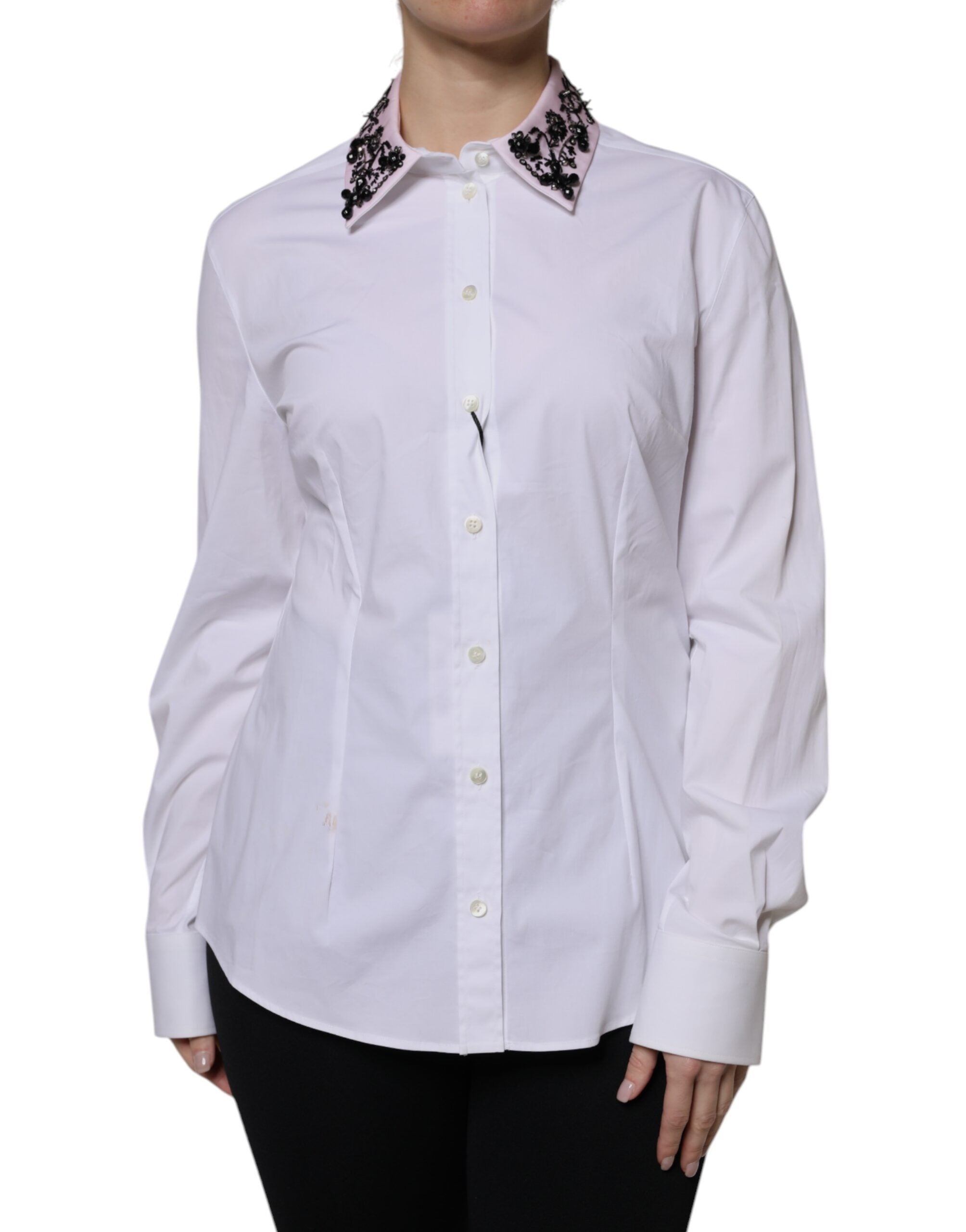 Dolce & Gabbana White Embellished Collared Dress Shirt Women's Top (Pre-Owned)