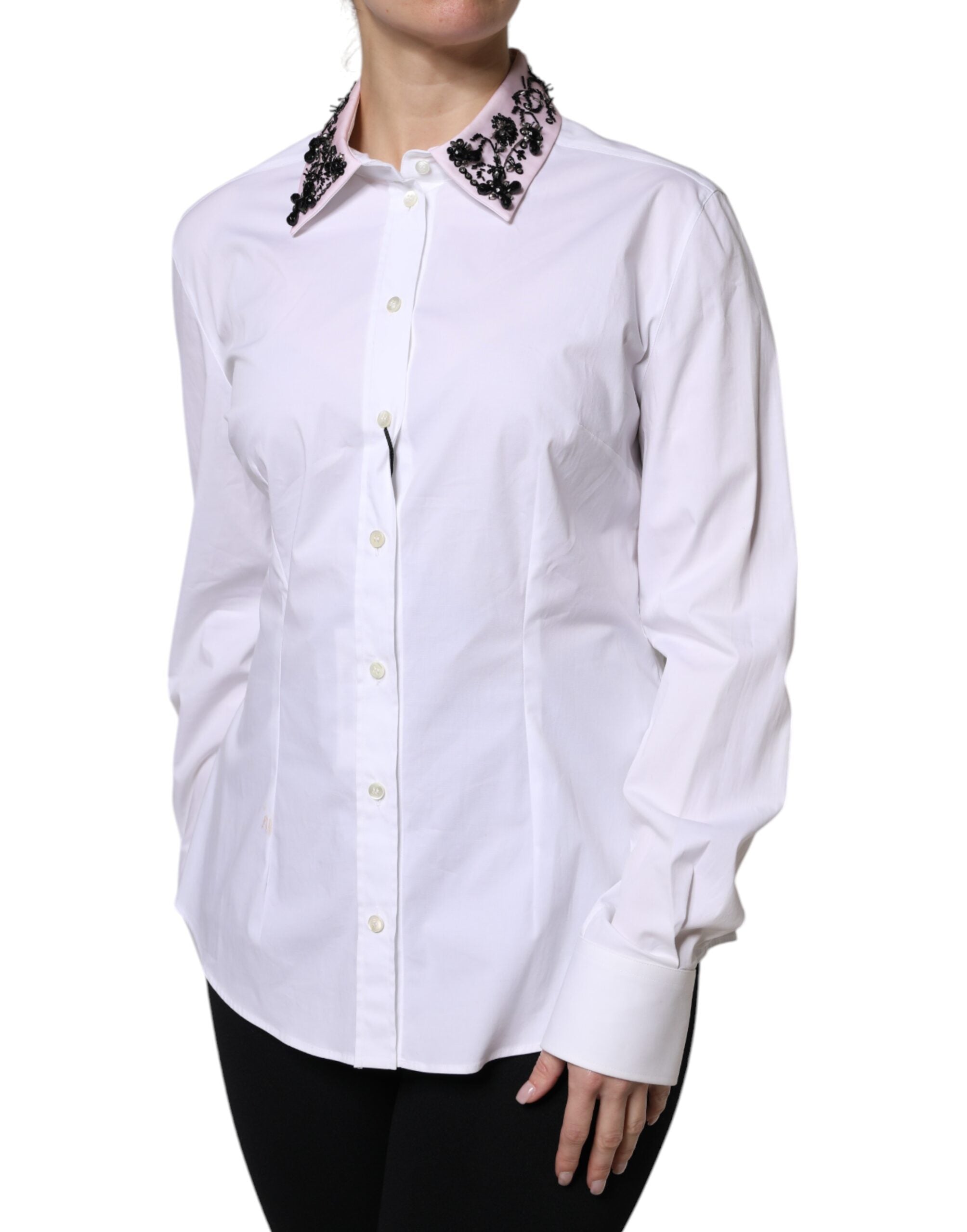 Dolce & Gabbana White Embellished Collared Dress Shirt Women's Top (Pre-Owned)