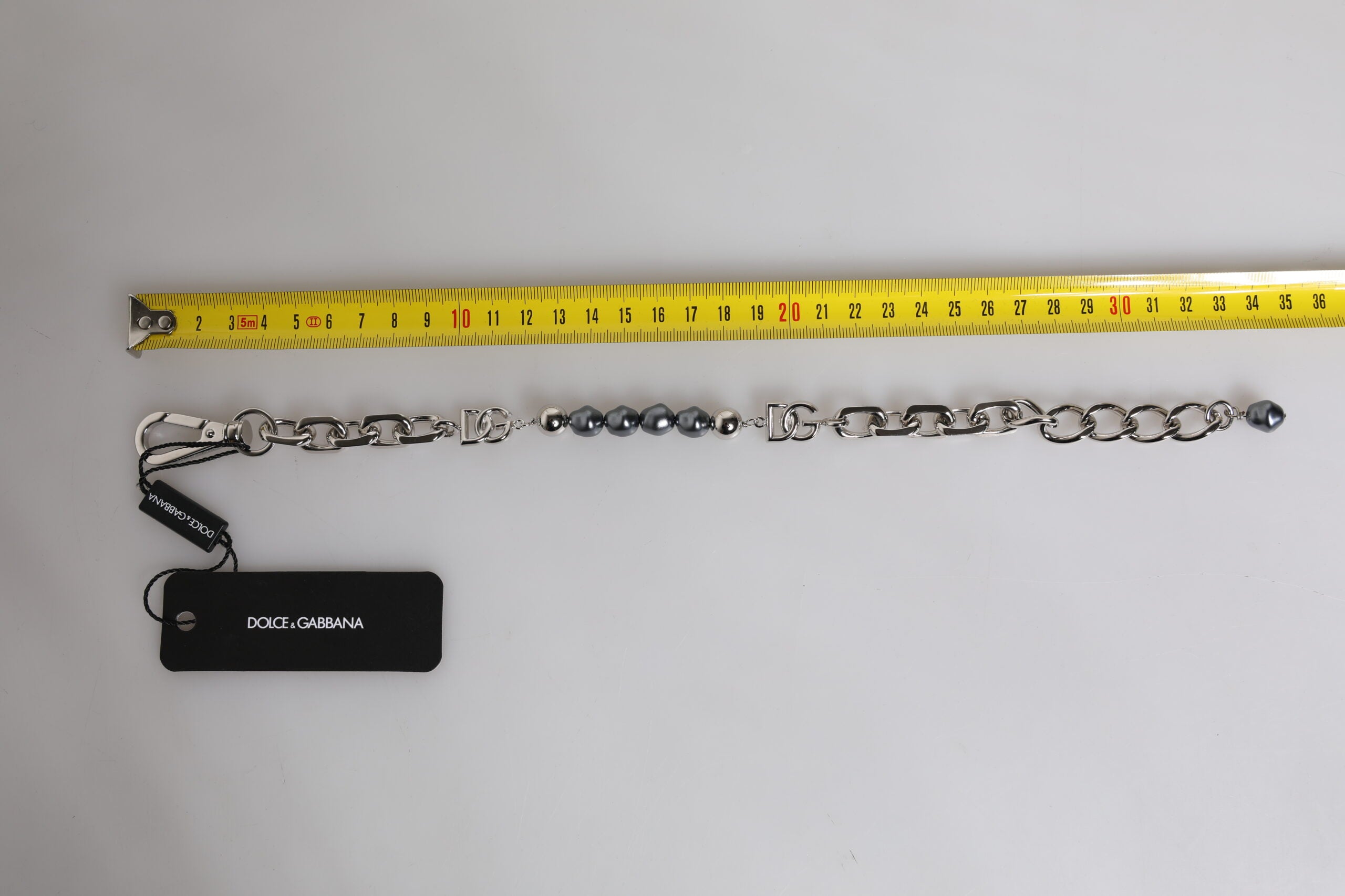 Dolce & Gabbana Silver Tone Chain Lobster Clasp Logo Gray Pearls Men's Bracelet