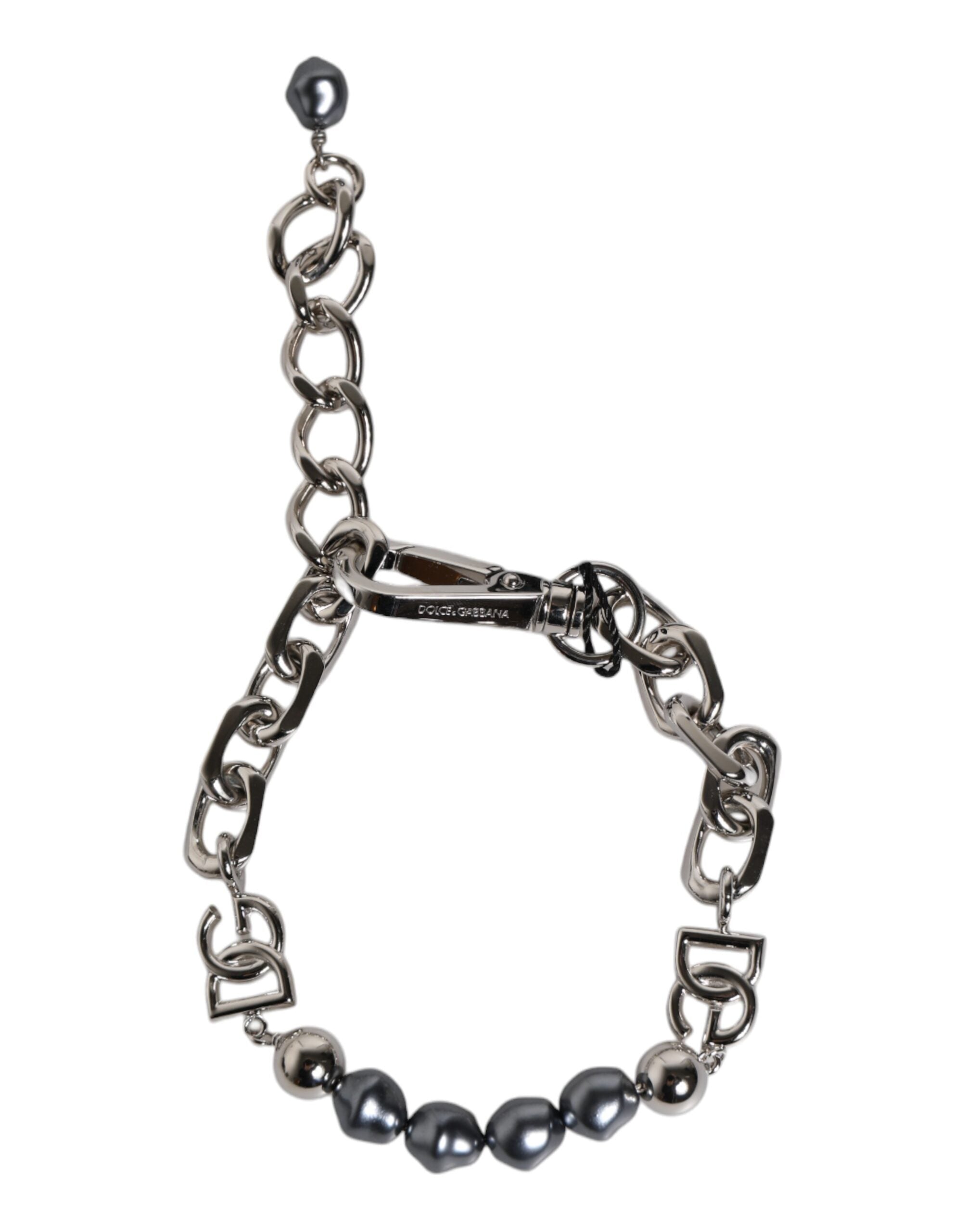 Dolce & Gabbana Silver Tone Chain Lobster Clasp Logo Gray Pearls Men's Bracelet