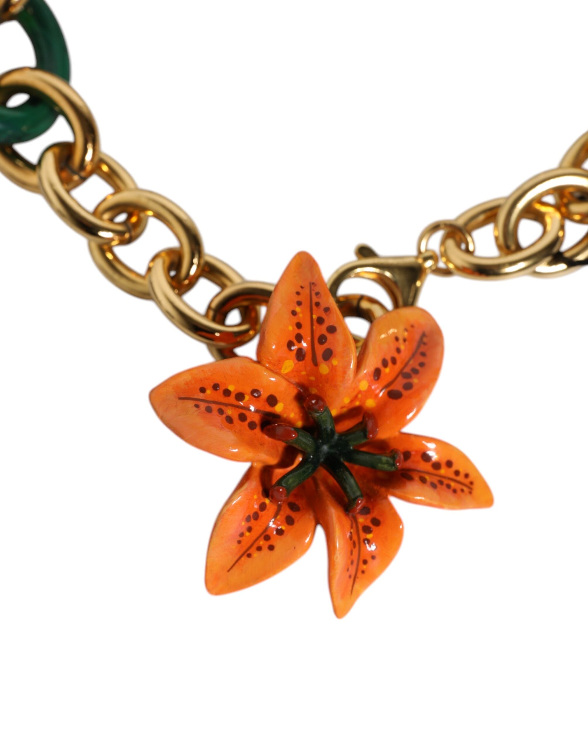 Dolce & Gabbana Multicolor Gold Brass Orange Lily Floral Chain Women's Necklace (Pre-Owned)