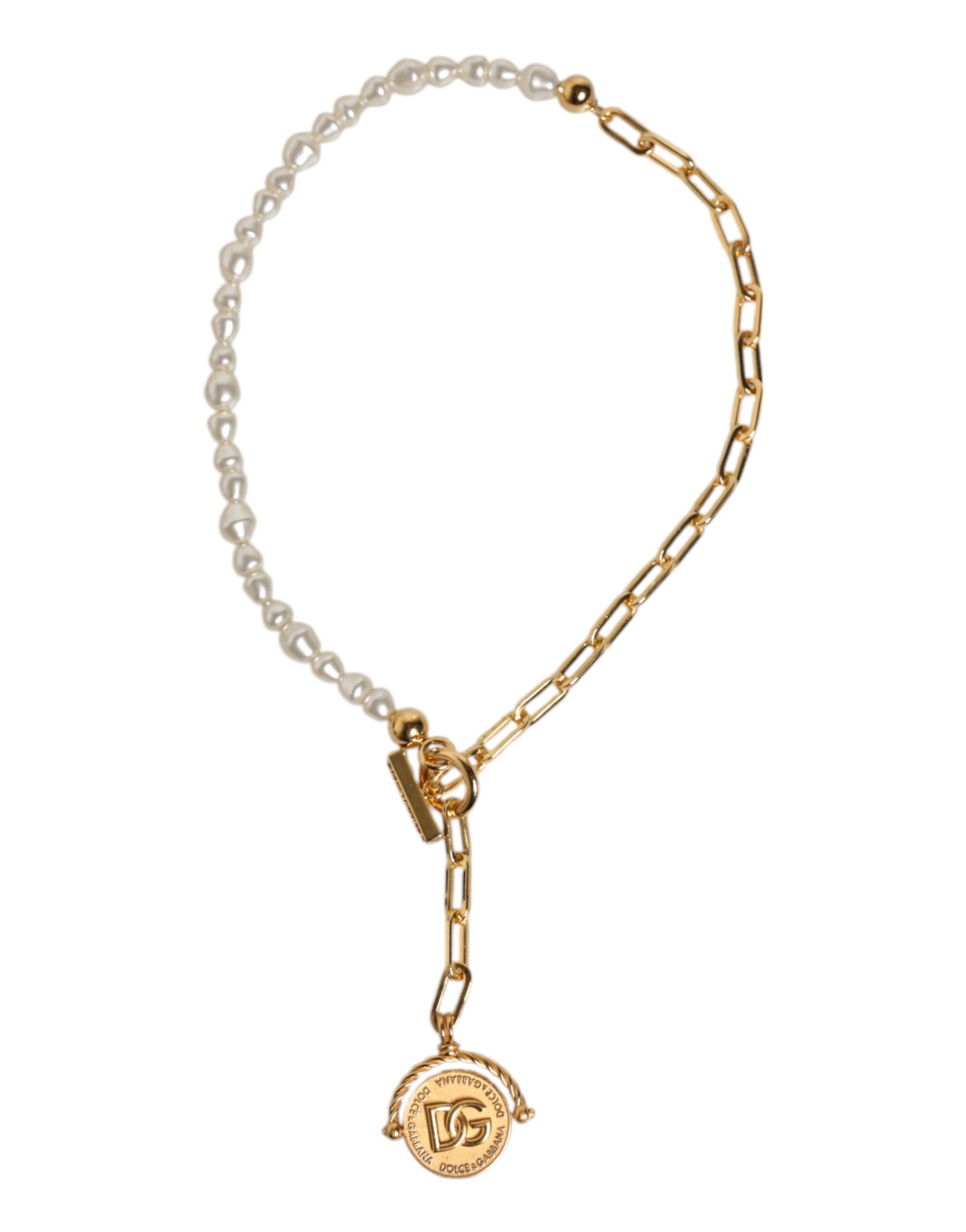 Dolce & Gabbana Gold Chain Brass Faux Pearl Charm Logo Pendant Women's Necklace (Pre-Owned)
