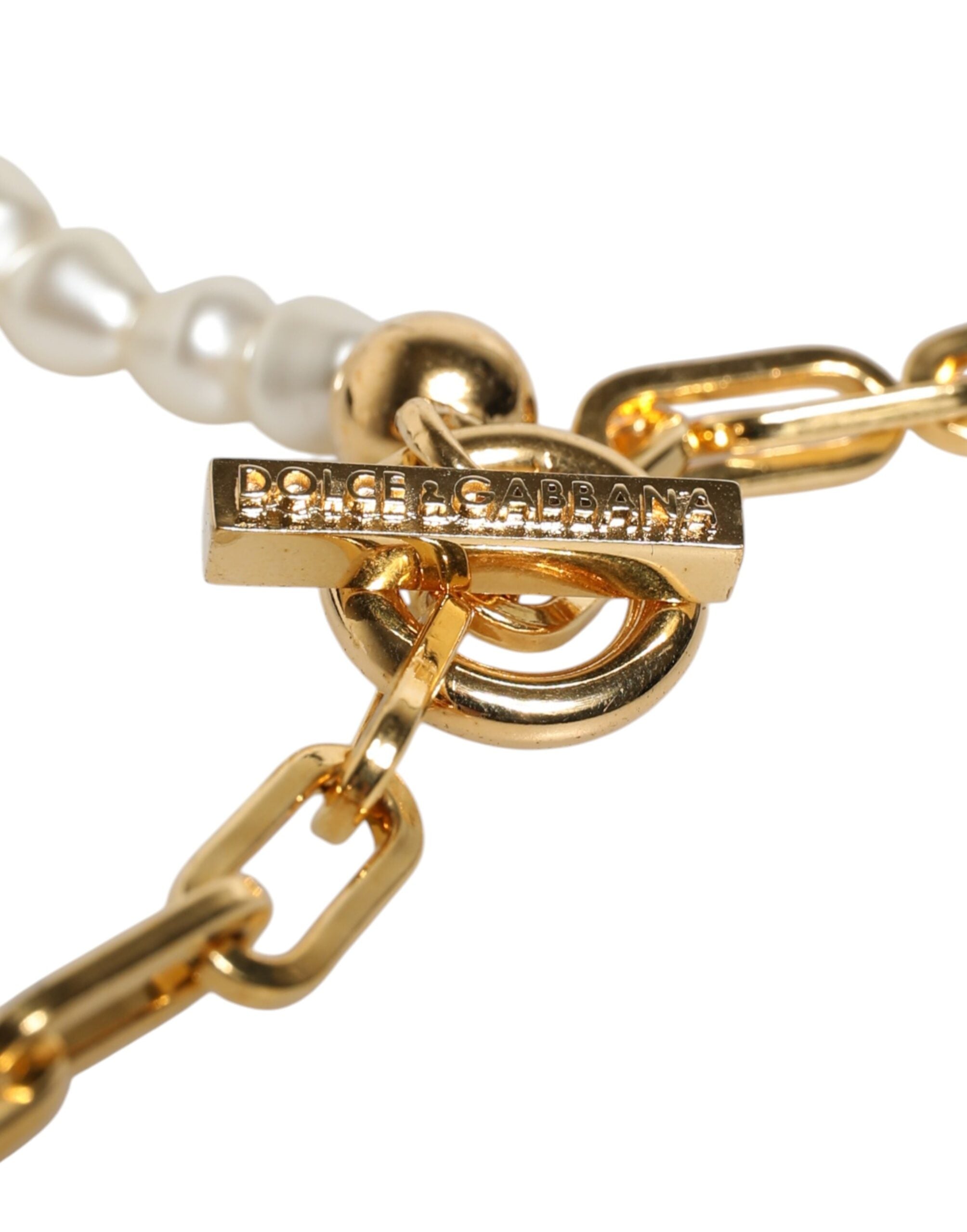 Dolce & Gabbana Gold Chain Brass Faux Pearl Charm Logo Pendant Women's Necklace (Pre-Owned)