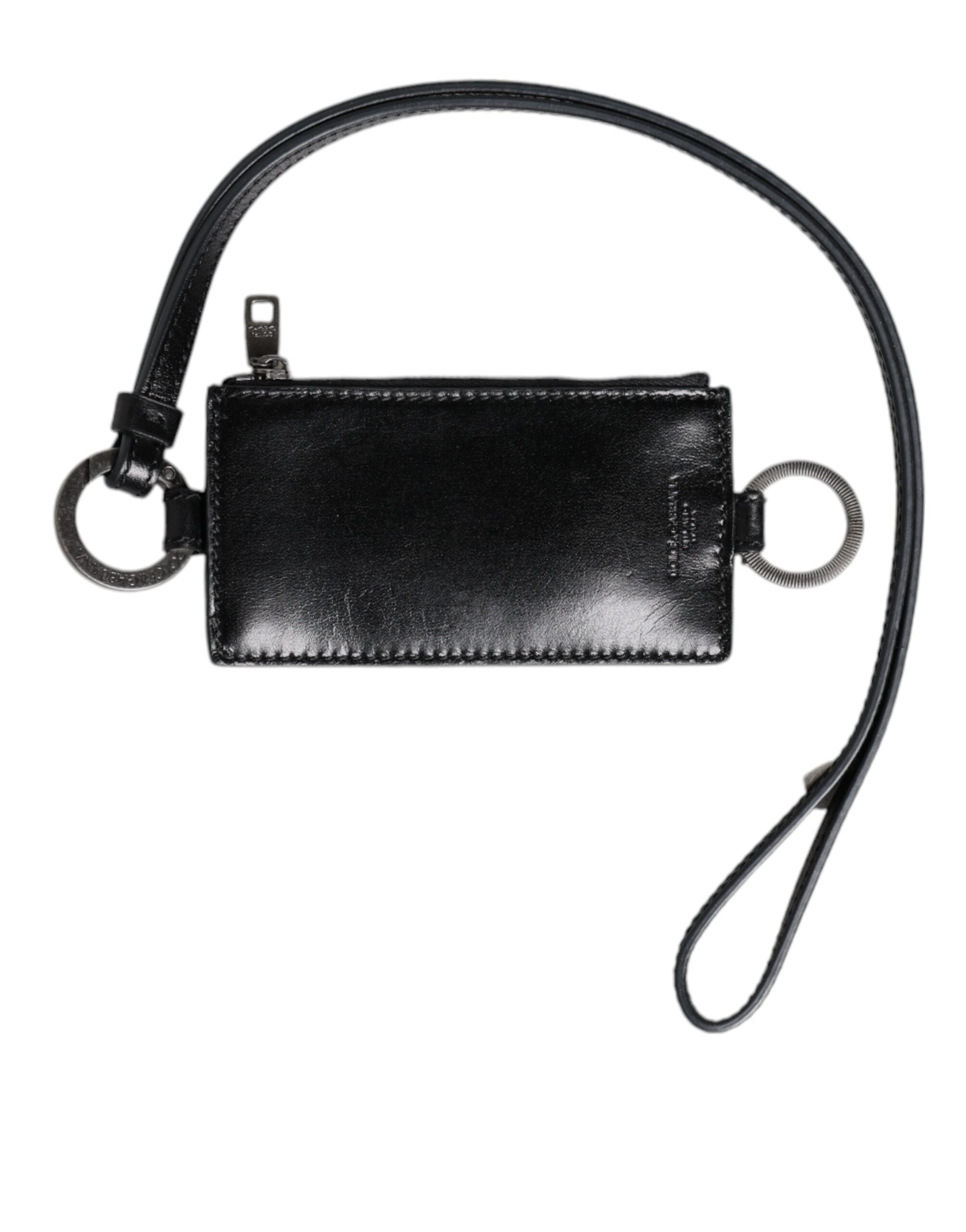 Dolce & Gabbana Black Leather Logo Embossed Lanyard Card Holder Men's Wallet