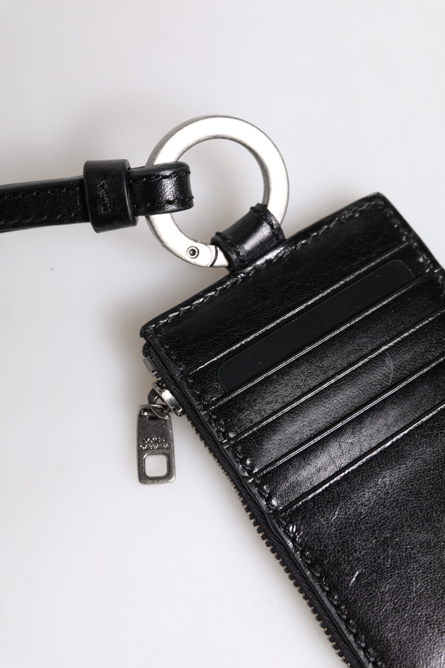 Dolce & Gabbana Black Leather Logo Embossed Lanyard Card Holder Men's Wallet