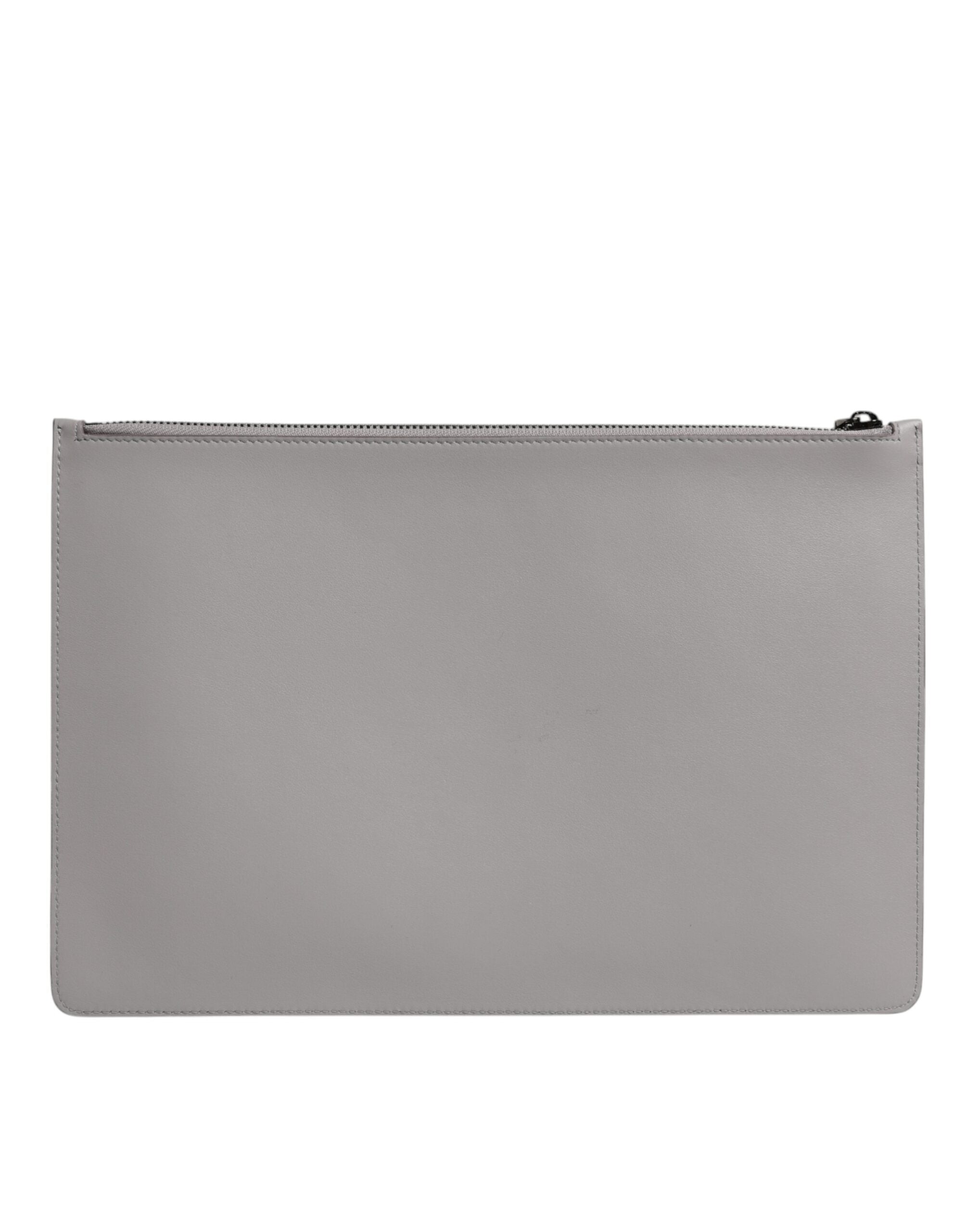 Dolce & Gabbana Gray Solid Leather DG Logo Men Clutch Zip Pouch Men's Bag (Pre-Owned)