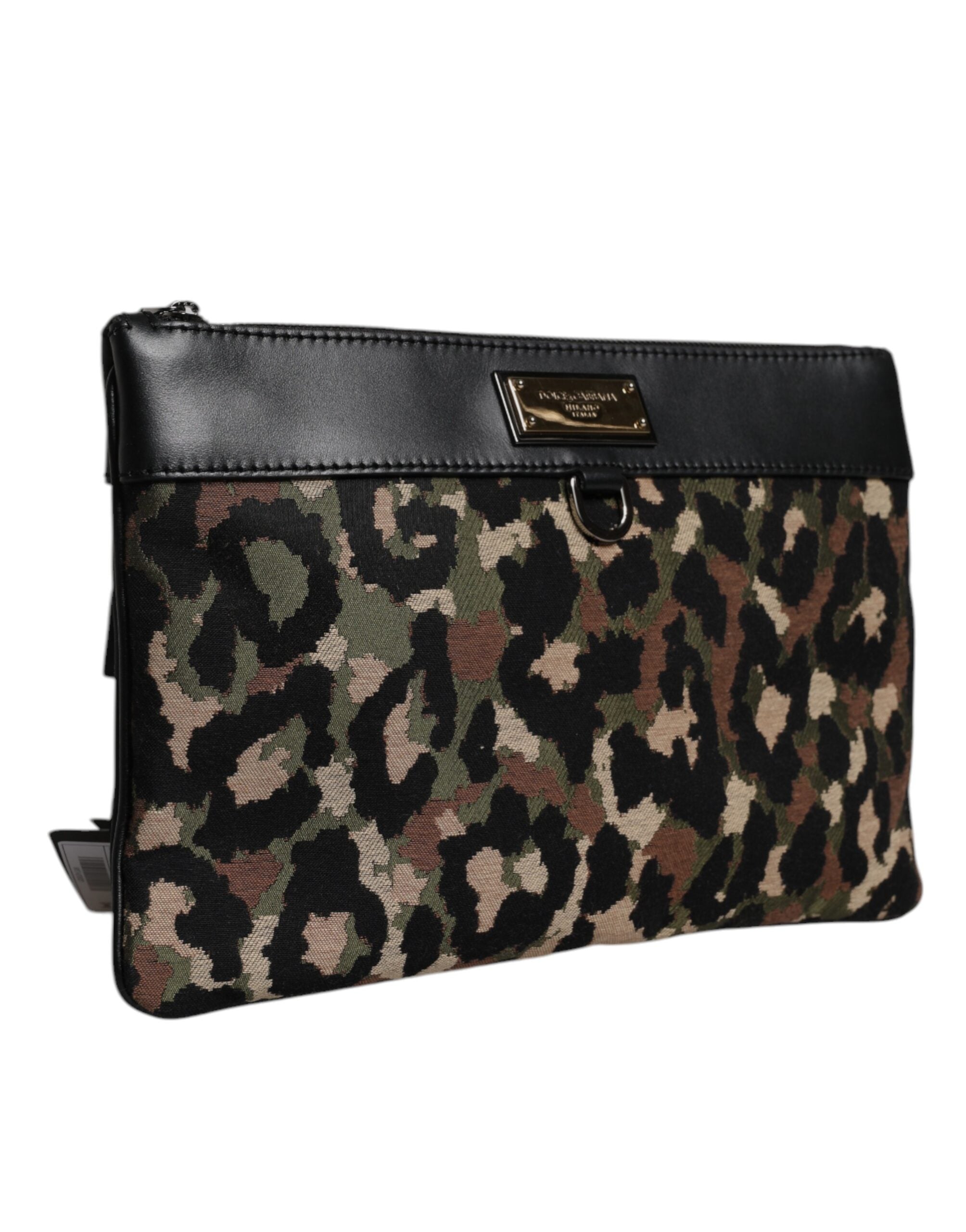 Dolce & Gabbana Multicolor Leopard Jacquard Print Logo Plaque Pouch Men's Bag