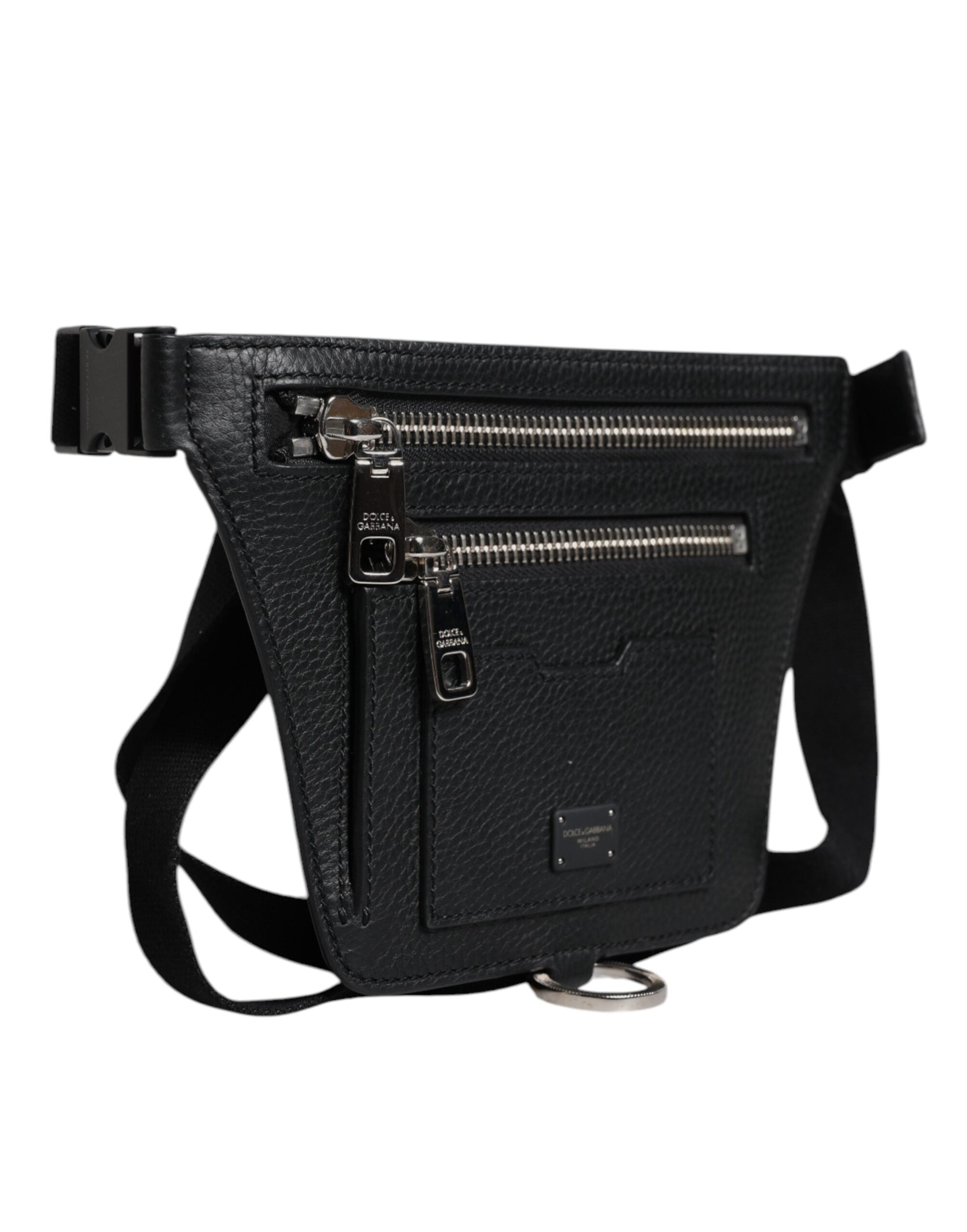 Dolce & Gabbana Black Calfskin Logo Plaque Belt Waist Men Fanny Pack Men's Bag