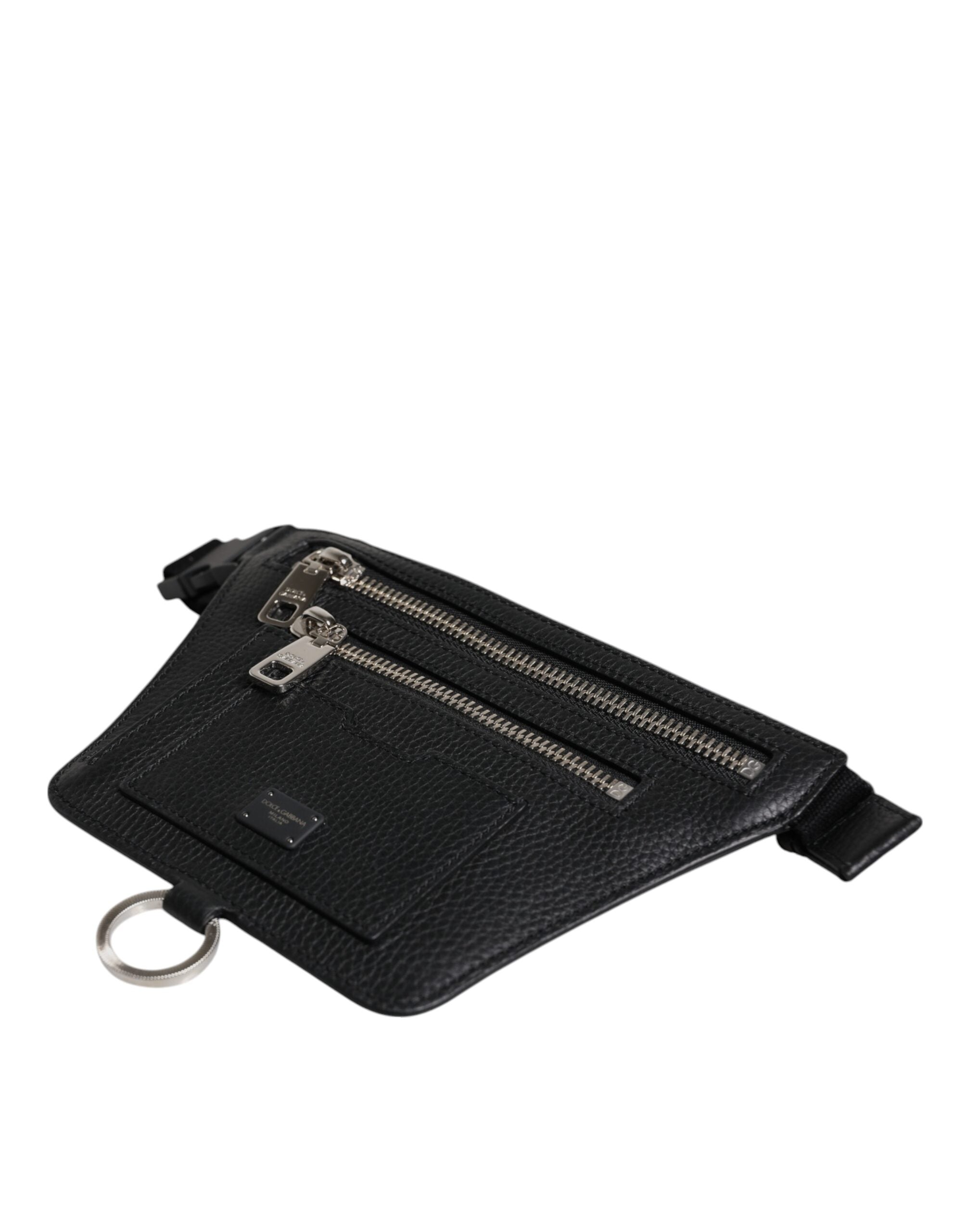 Dolce & Gabbana Black Calfskin Logo Plaque Belt Waist Men Fanny Pack Men's Bag