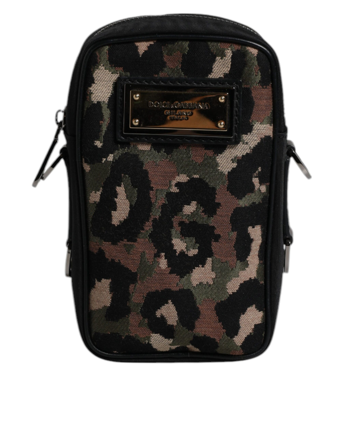 Dolce & Gabbana Multicolor Leopard Jacquard Logo Plaque Neck Strap Men's Bag