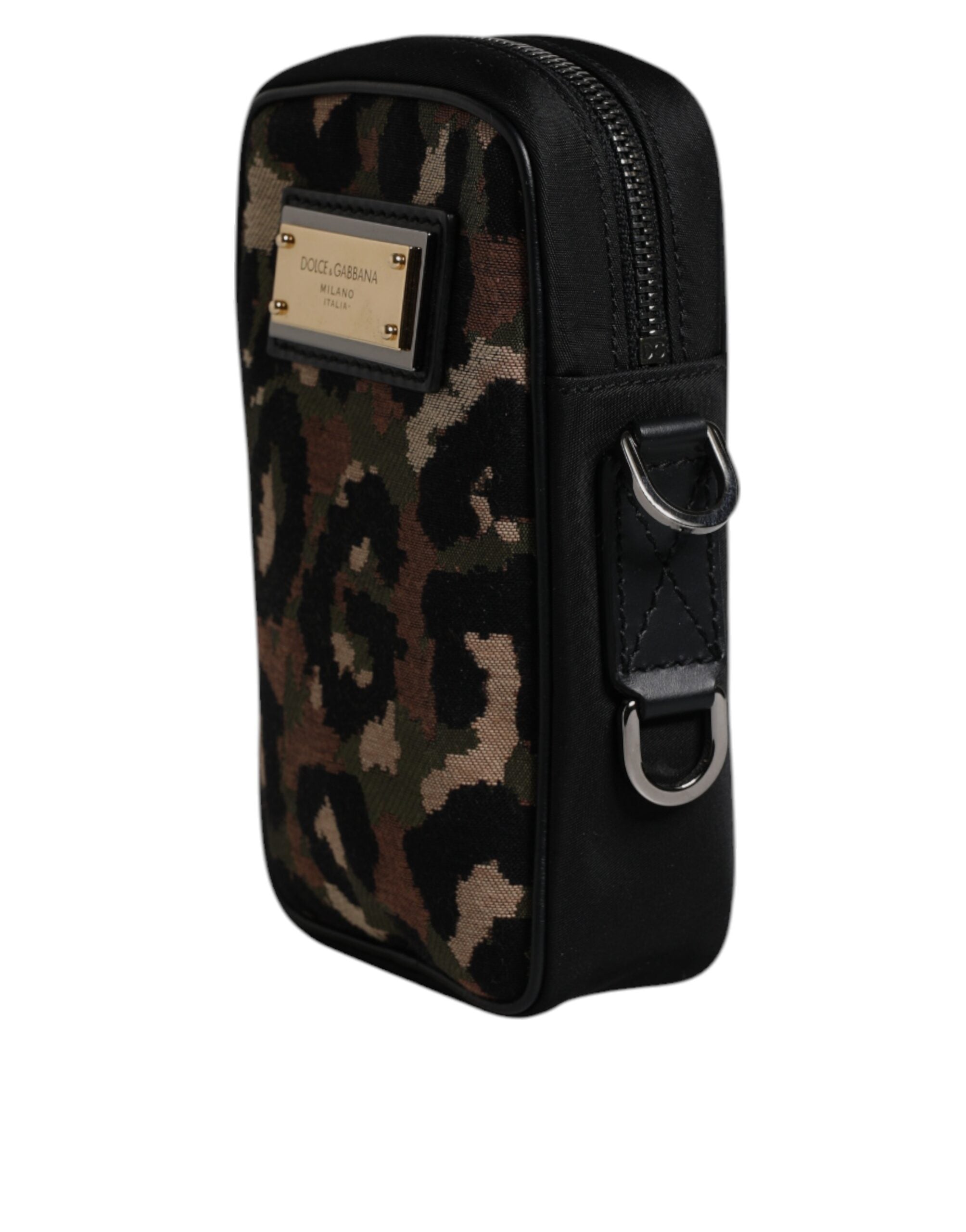 Dolce & Gabbana Multicolor Leopard Jacquard Logo Plaque Neck Strap Men's Bag