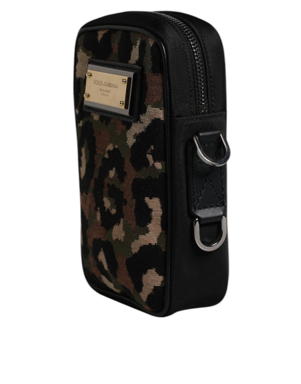 Dolce & Gabbana Multicolor Leopard Jacquard Logo Plaque Neck Strap Men's Bag
