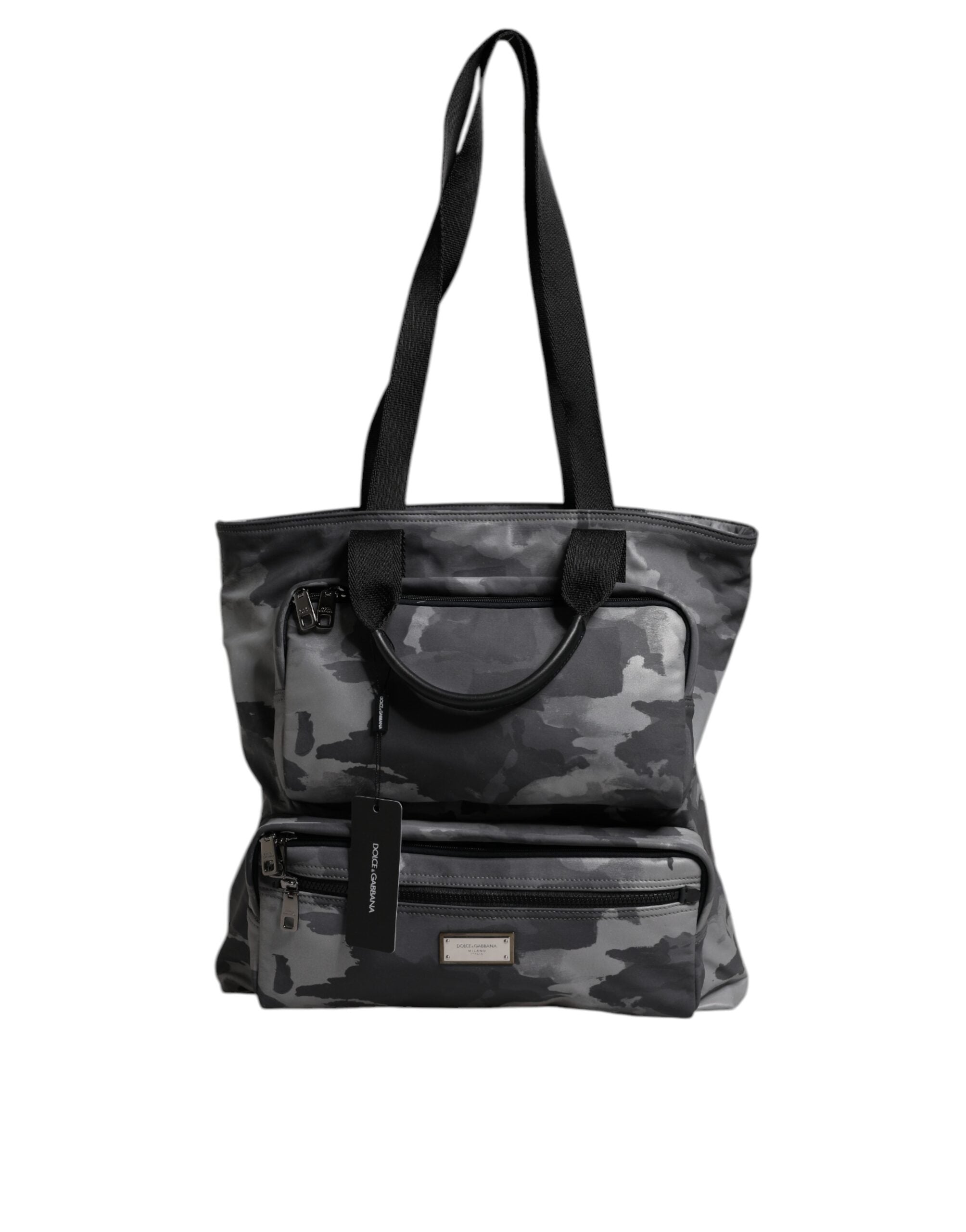 Dolce & Gabbana Gray Camo Cotton Multiple Compartments Tote Men's Bag