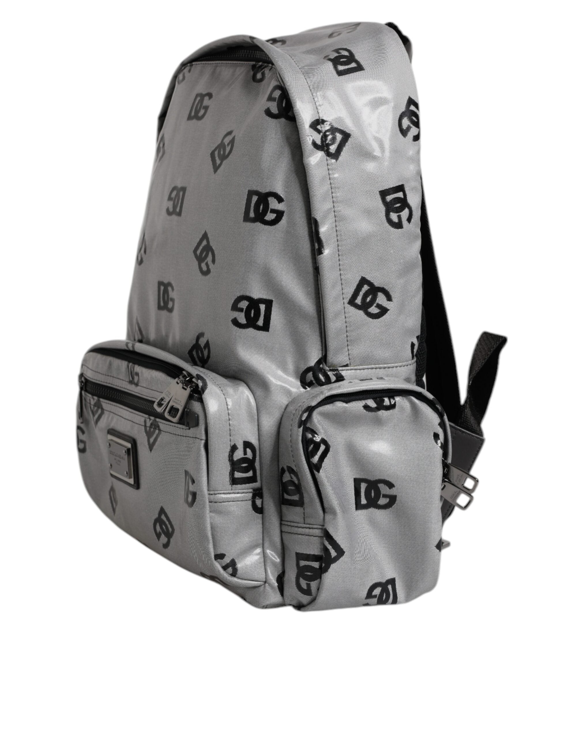 Dolce & Gabbana Polyester Gray Black DG Logo Plaque Backpack Men's Bag