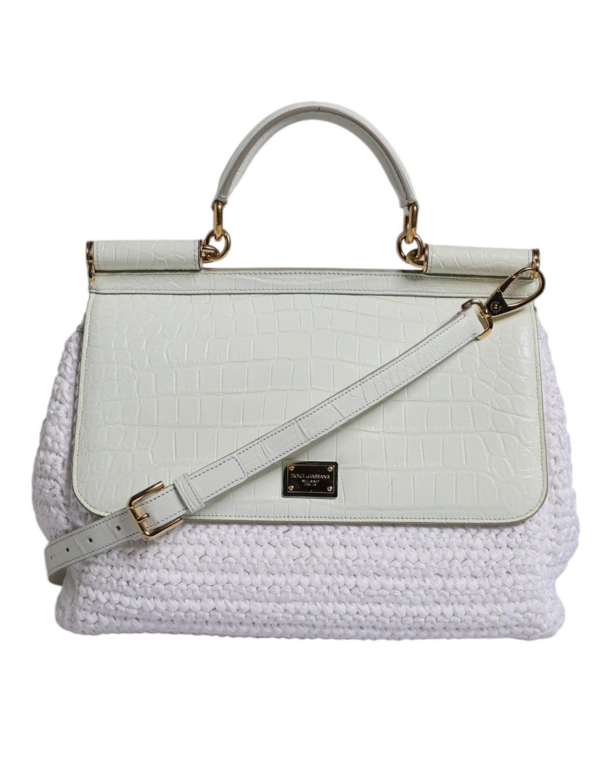 Dolce & Gabbana White Rafia Leather Top Handle Crossbody Women's Bag (Pre-Owned)