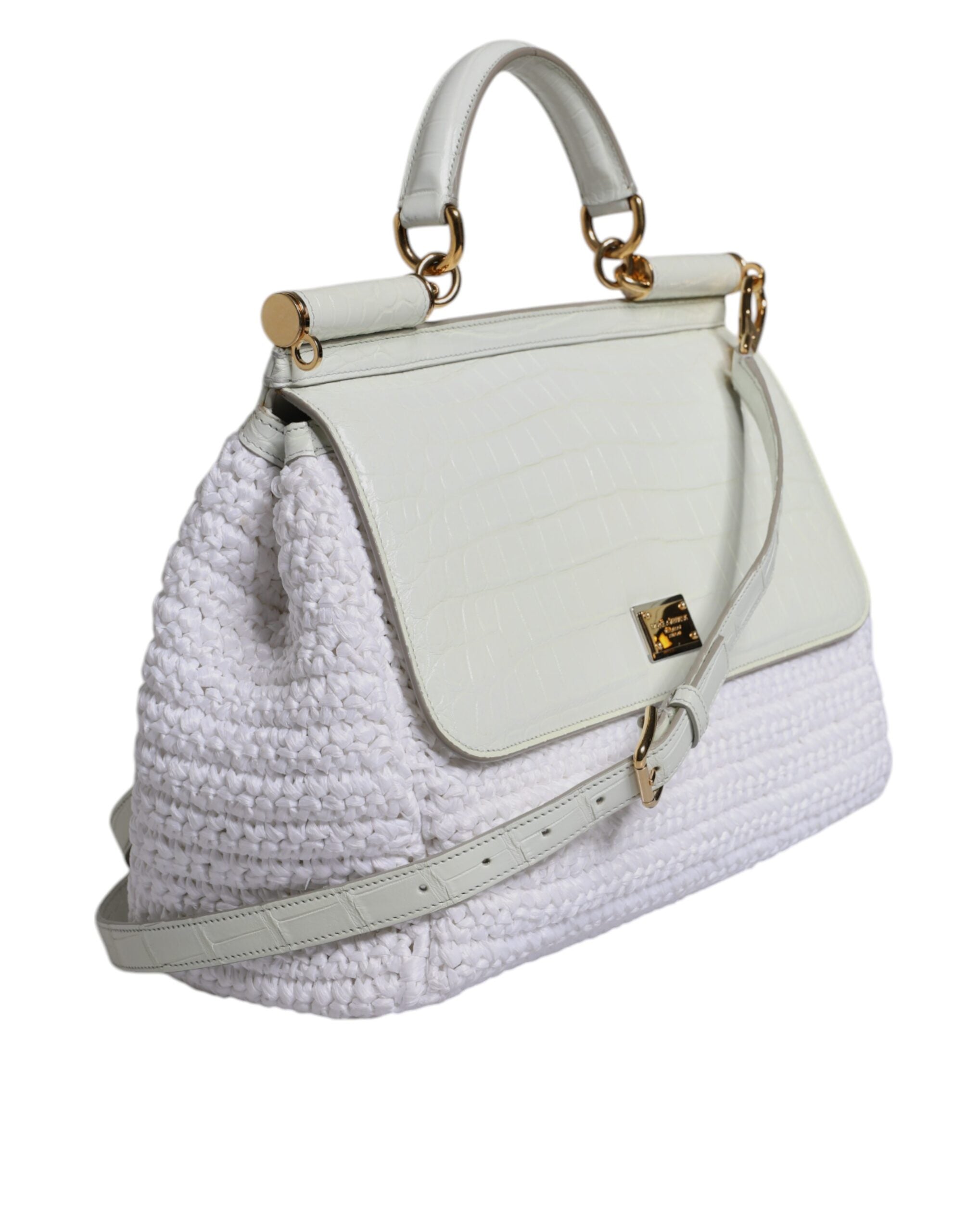 Dolce & Gabbana White Rafia Leather Top Handle Crossbody Women's Bag (Pre-Owned)