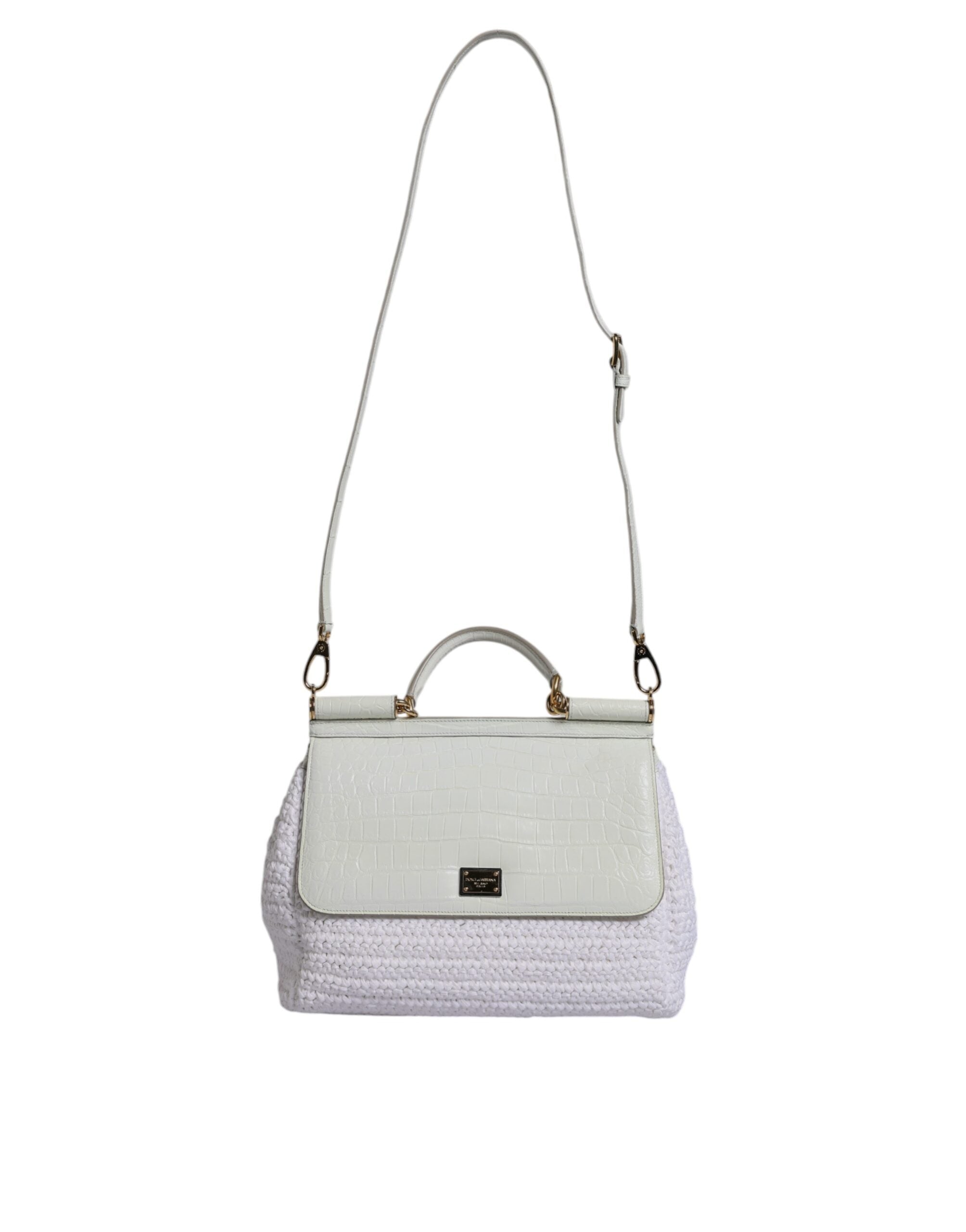 Dolce & Gabbana White Rafia Leather Top Handle Crossbody Women's Bag