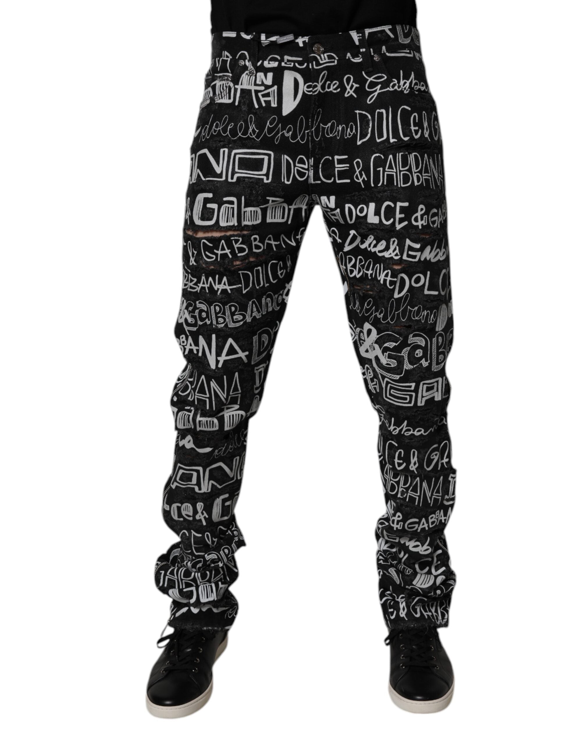 Dolce & Gabbana Black Cotton Logo Print Straight Denim Men's Jeans