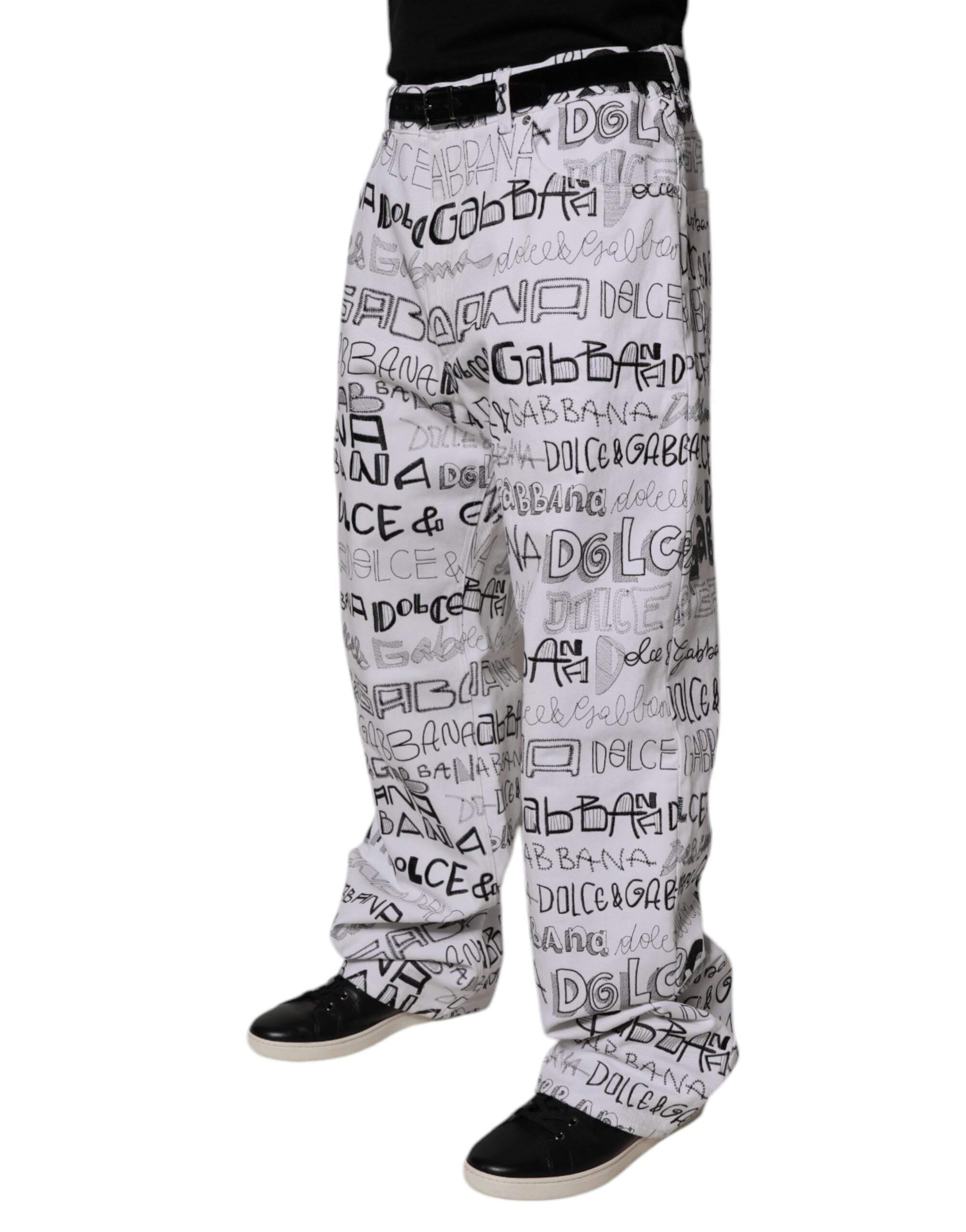 Dolce & Gabbana White Logo Print Straight Men Denim Men's Jeans