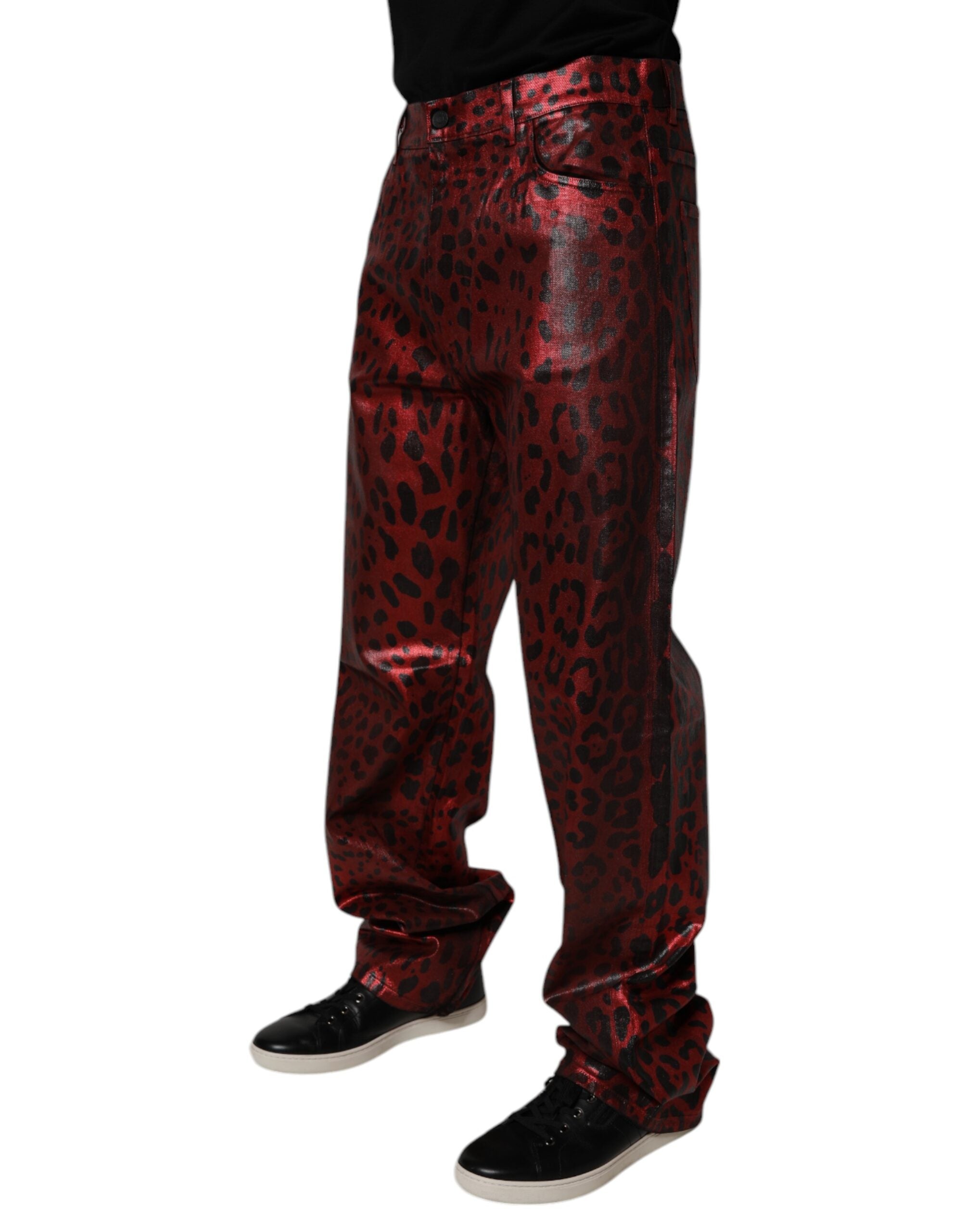 Dolce & Gabbana Red Leopard Cotton Straight Men Denim Men's Jeans