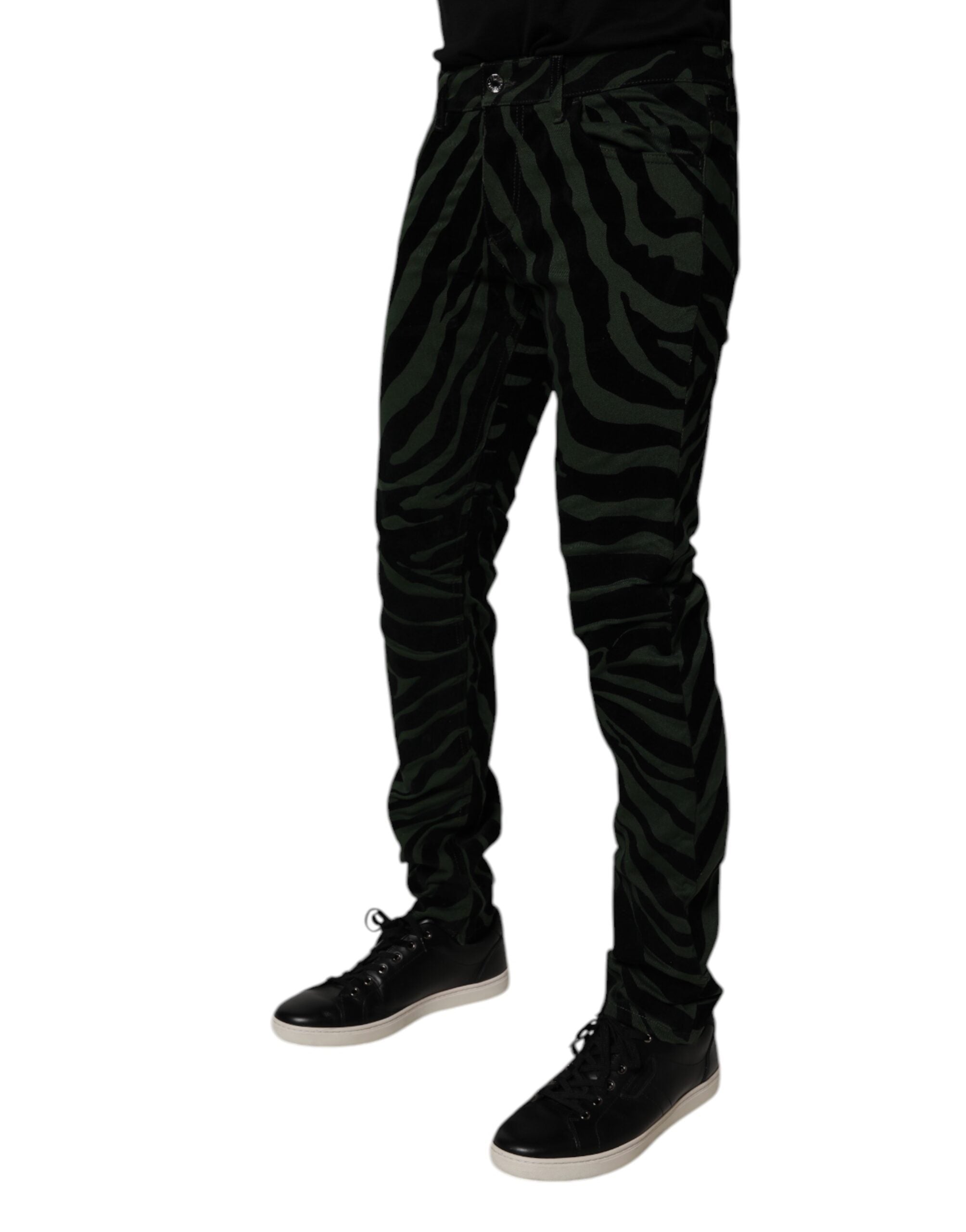 Dolce & Gabbana Black Green Stripes Cotton Skinny Denim Men's Jeans