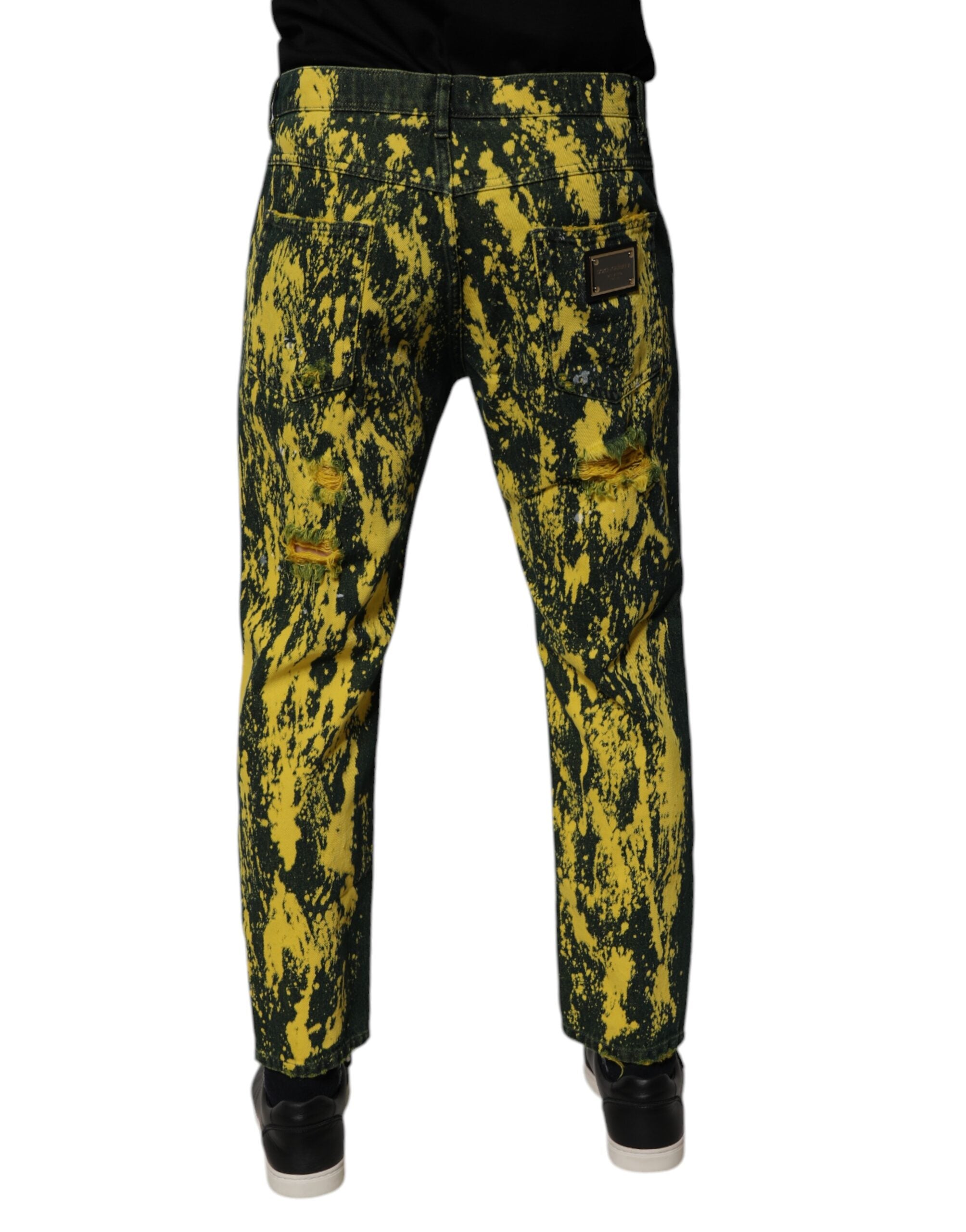 Dolce & Gabbana Black Yellow Tie Dye Tattered Skinny Men Denim Men's Jeans