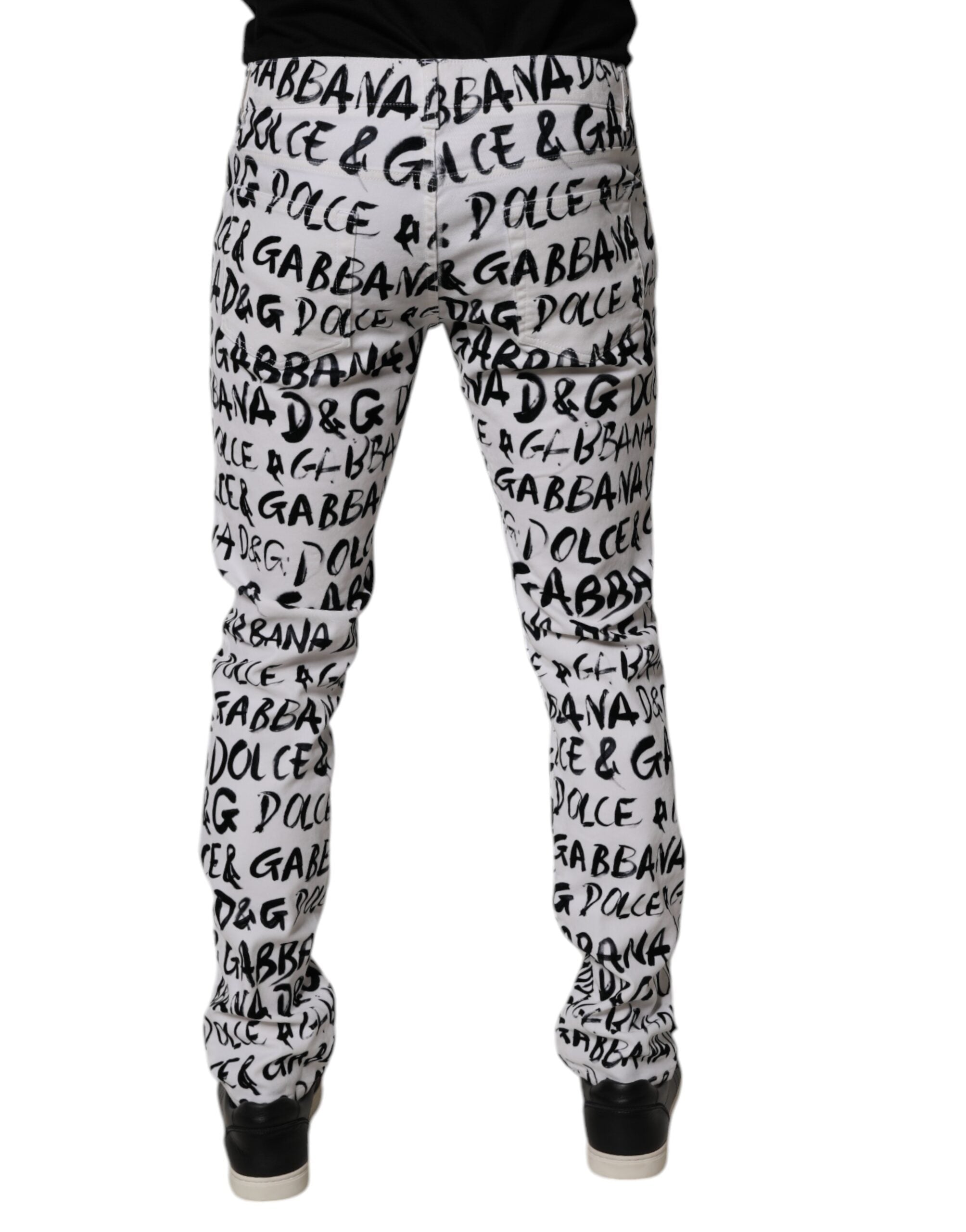 Dolce & Gabbana White Cotton Logo Print Skinny Denim Men's Jeans