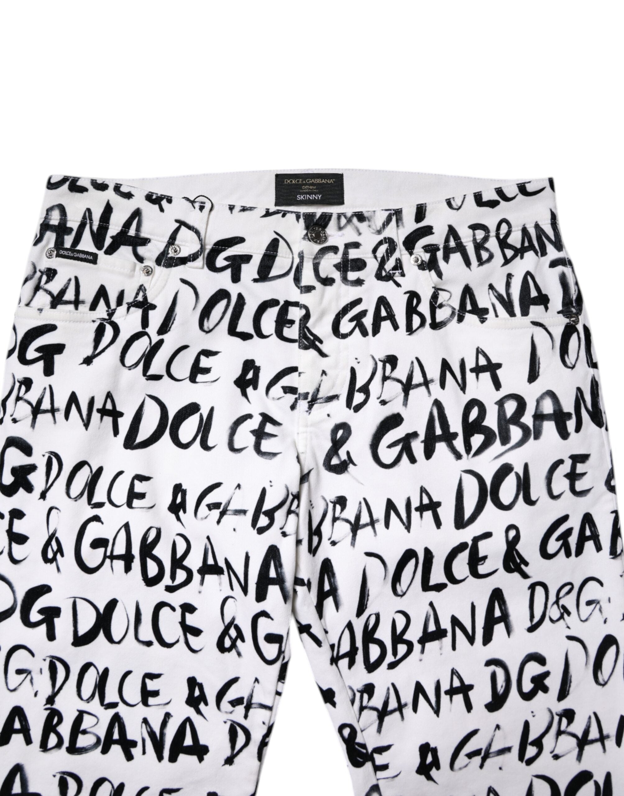 Dolce & Gabbana White Cotton Logo Print Skinny Denim Men's Jeans