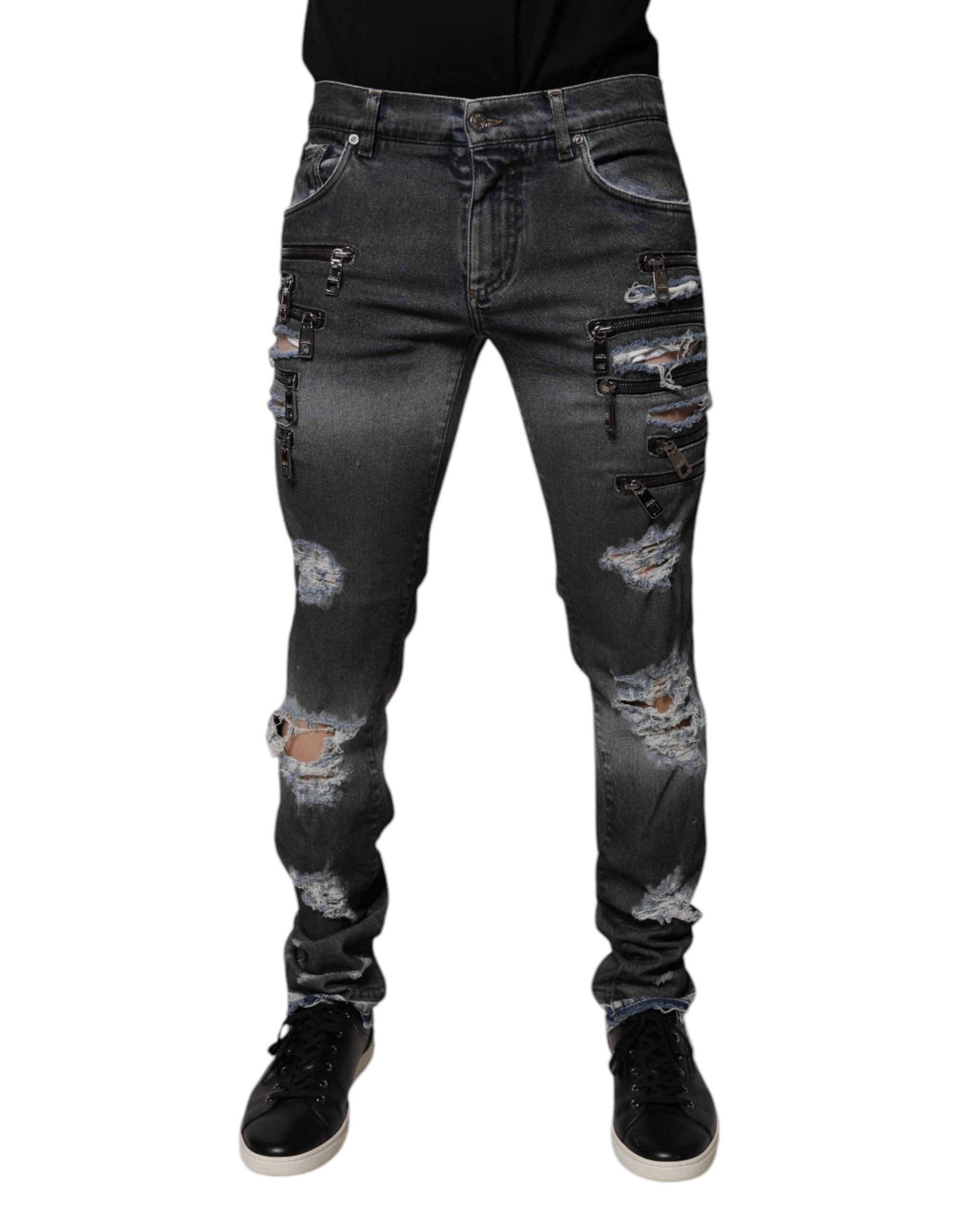 Dolce & Gabbana Dark Gray Tattered Cotton Skinny Denim Men's Jeans