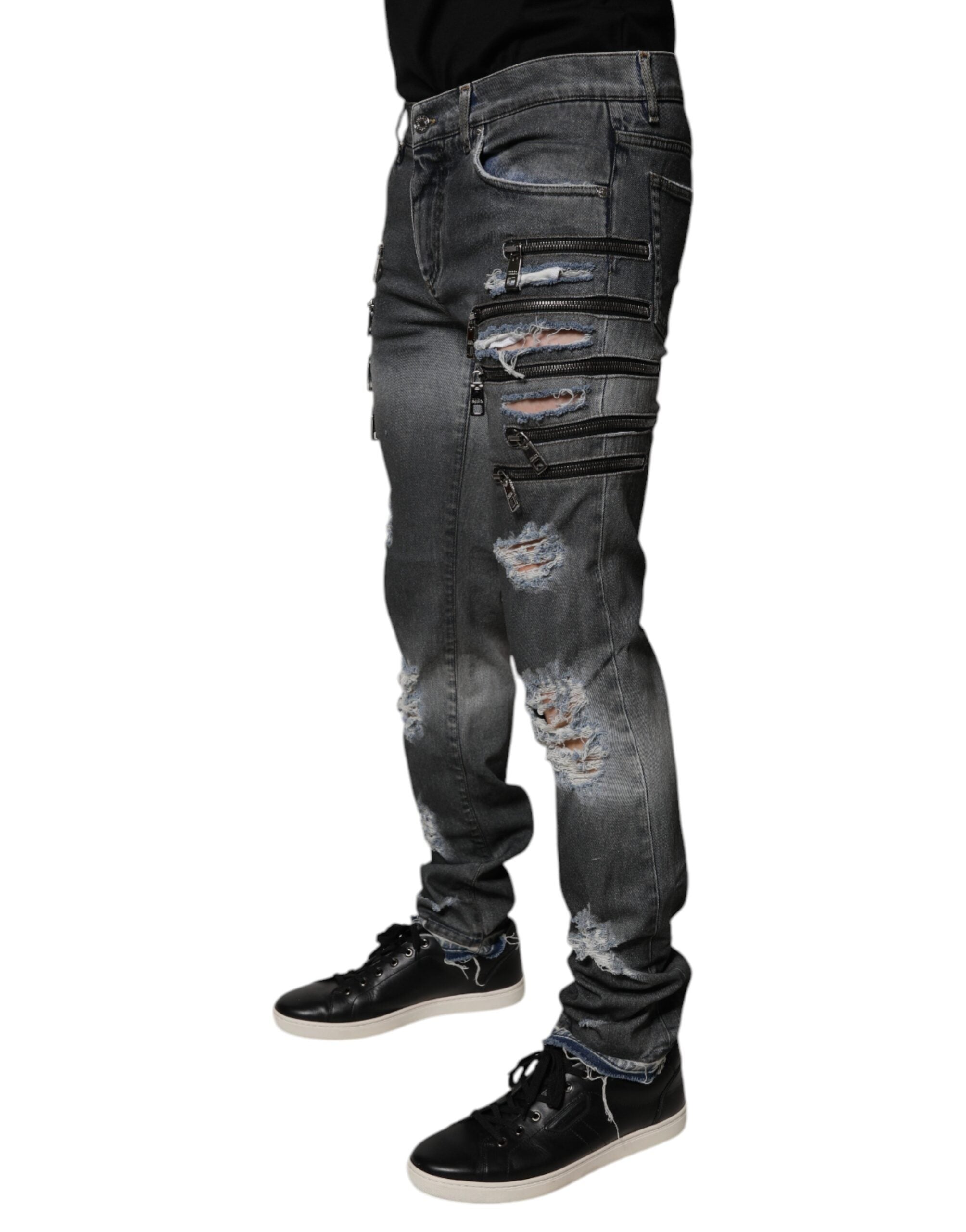 Dolce & Gabbana Dark Gray Tattered Cotton Skinny Denim Men's Jeans