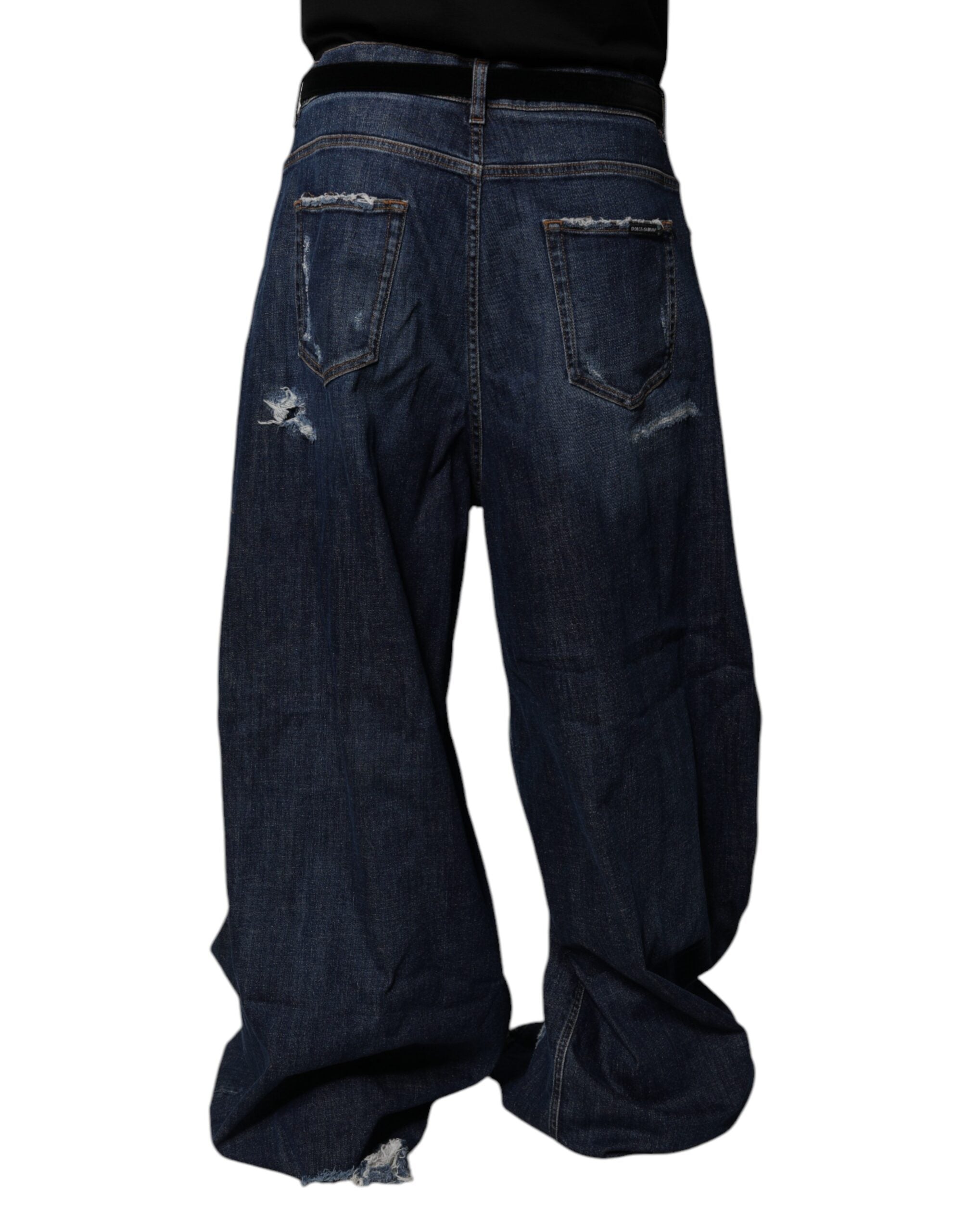 Dolce & Gabbana Dark Blue Tattered Wide Leg Men Denim Men's Jeans