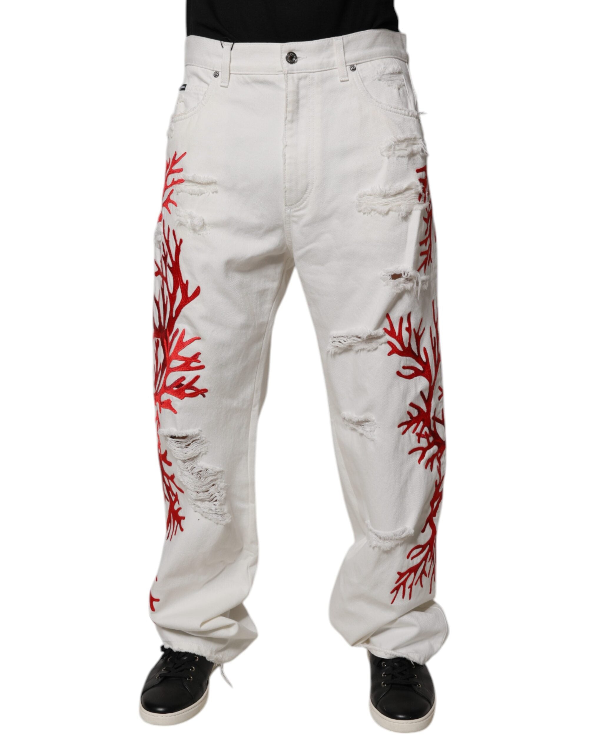Dolce & Gabbana White Corals Tattered Straight Denim Men's Jeans (Pre-Owned)