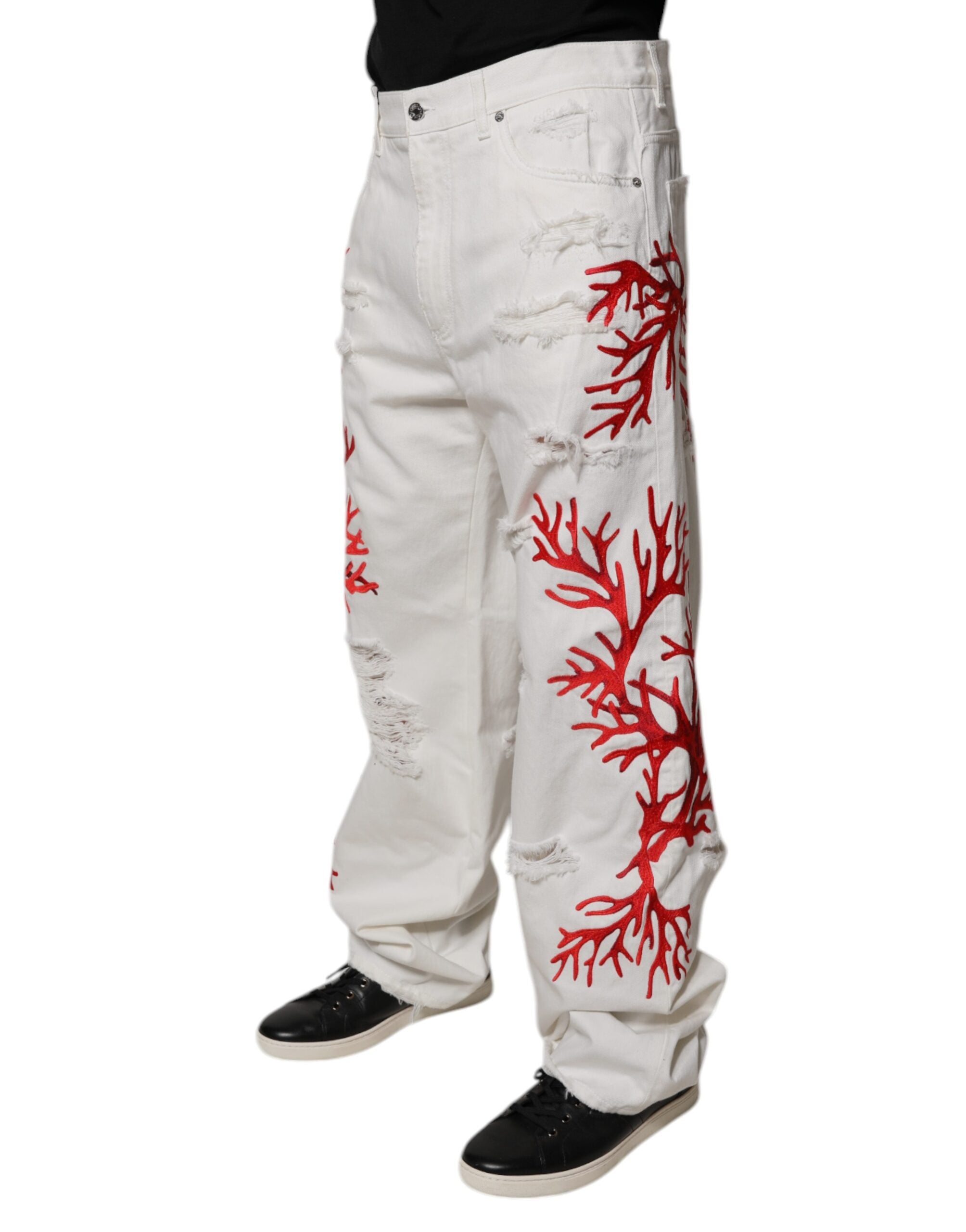 Dolce & Gabbana White Corals Tattered Straight Denim Men's Jeans (Pre-Owned)