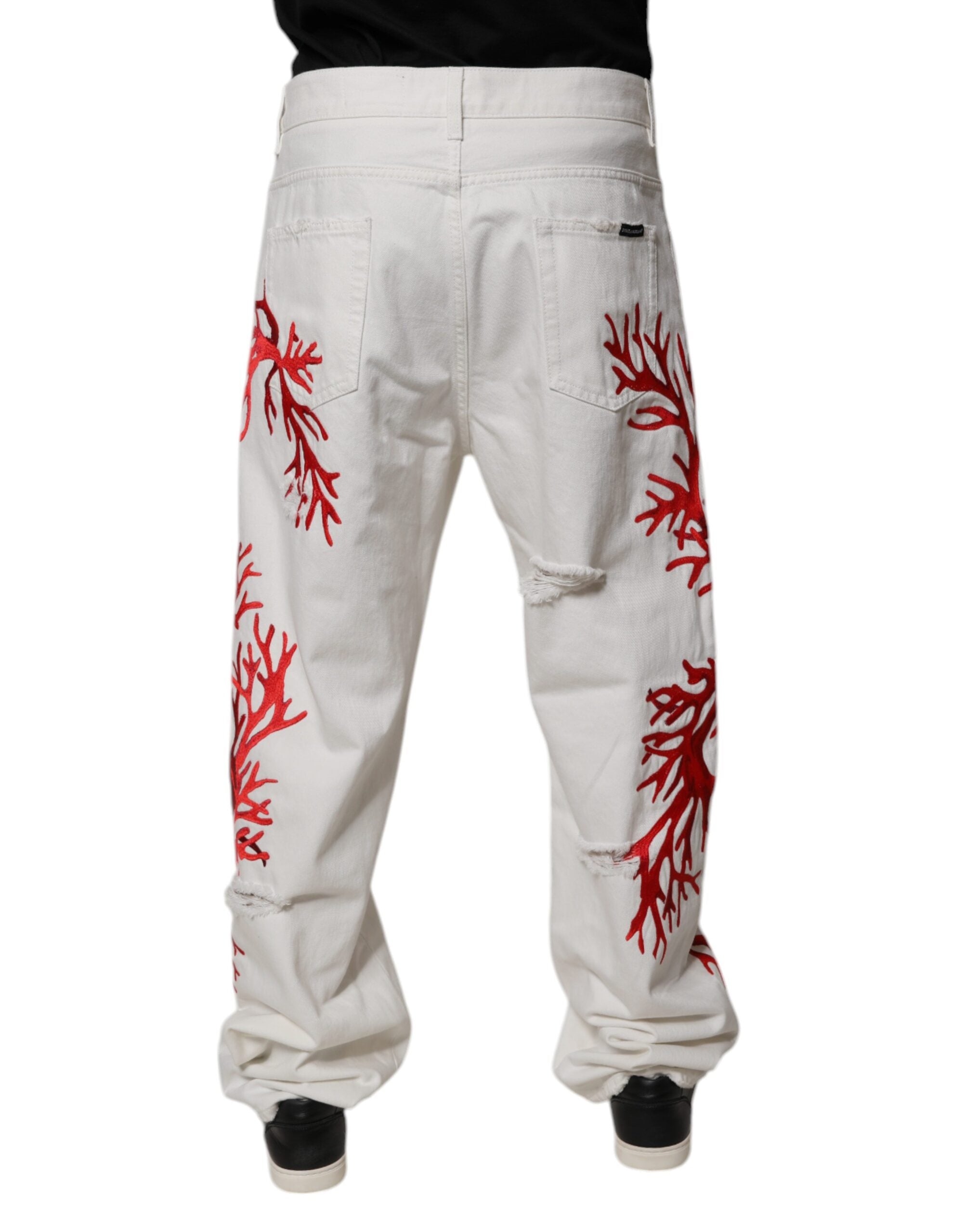 Dolce & Gabbana White Corals Tattered Straight Denim Men's Jeans (Pre-Owned)