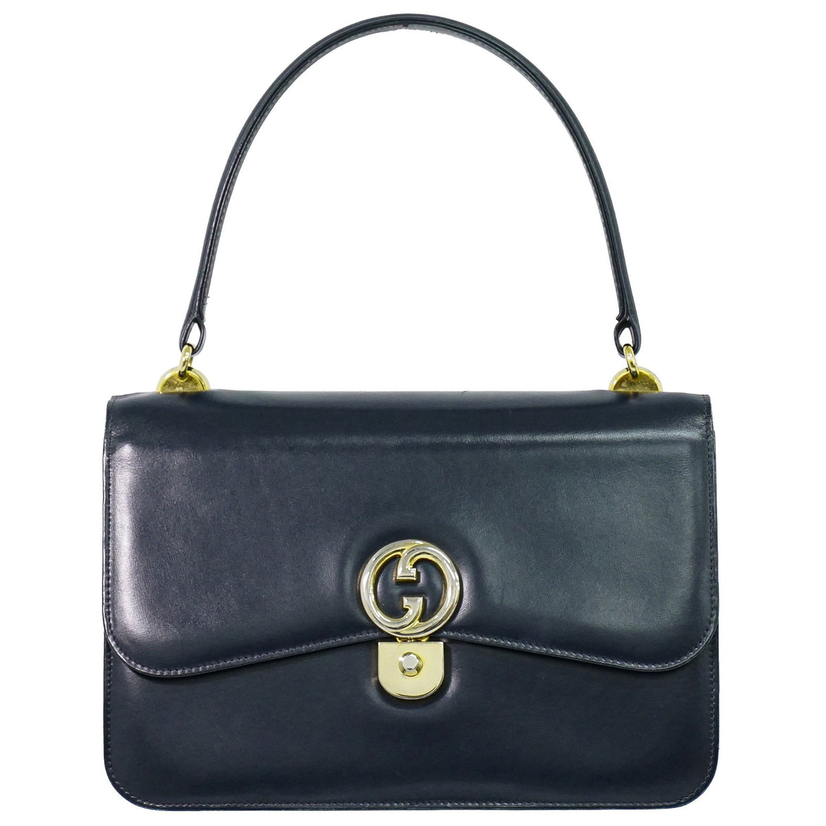 Gucci Vintage Top Handle Flap Leather With Chain Detail Navy Leather Handbag (Pre-Owned)