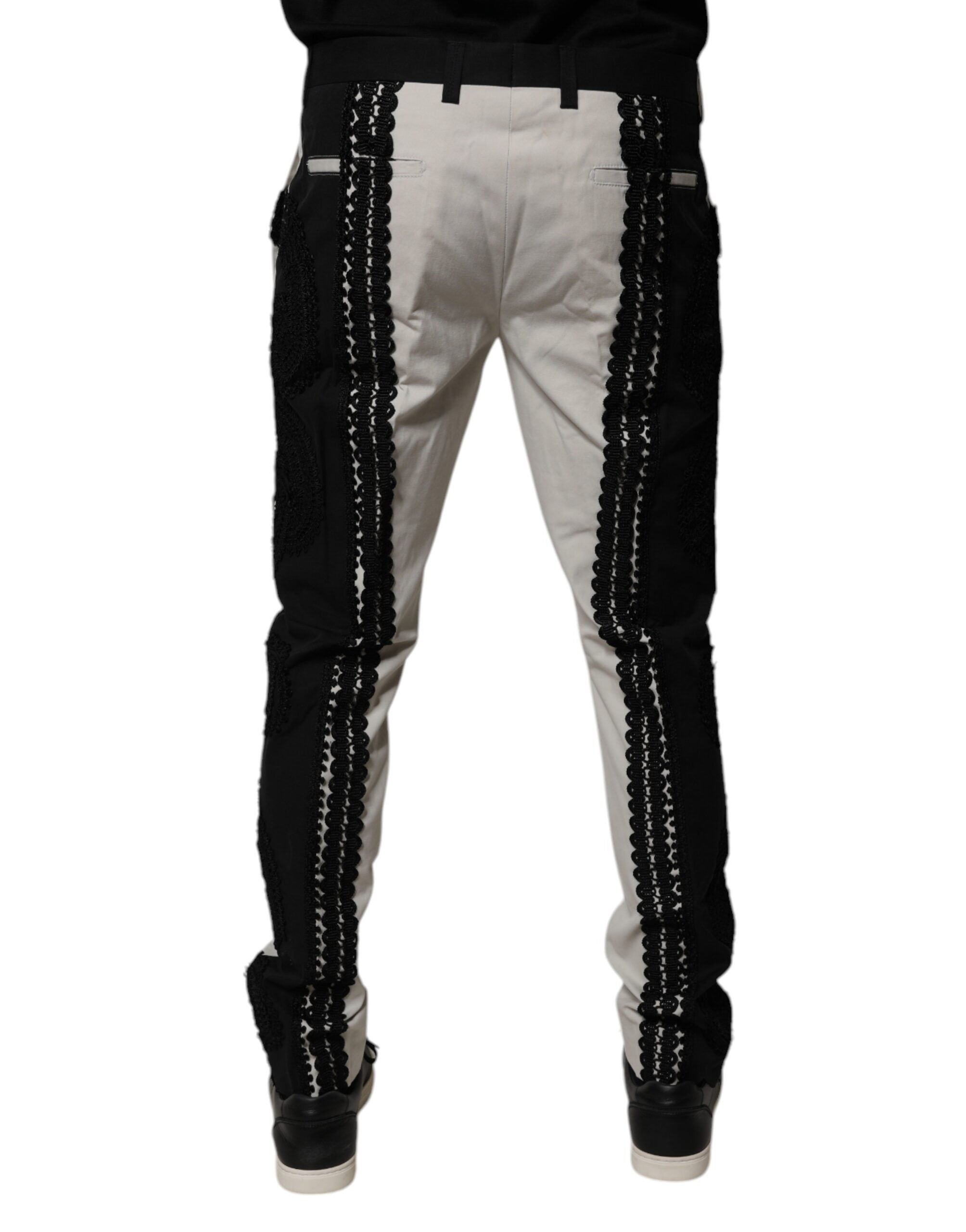 Dolce & Gabbana White Lace Trim Mid Waist Dress Formal Men's Pants