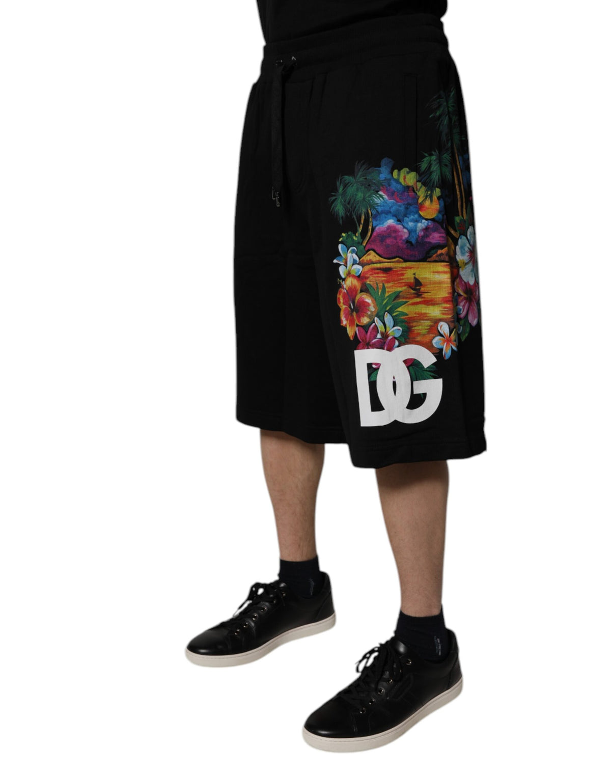 Dolce & Gabbana Black Cotton Logo Floral Print Bermuda Men's Shorts