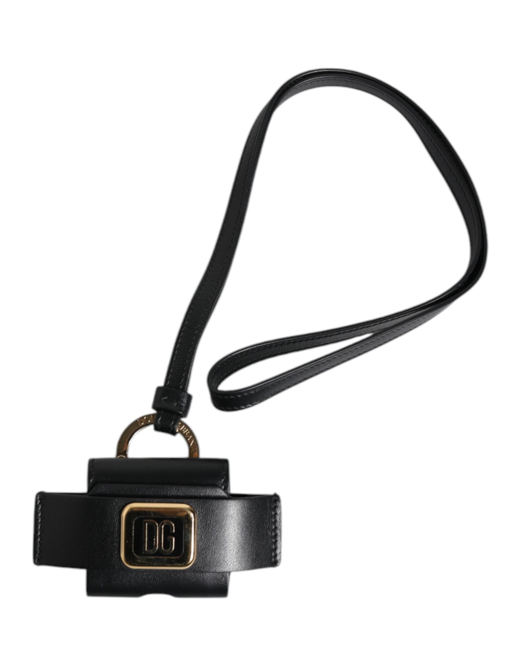 Dolce & Gabbana Black Leather Strap Gold Metal Logo Plaque Airpods Men's Case