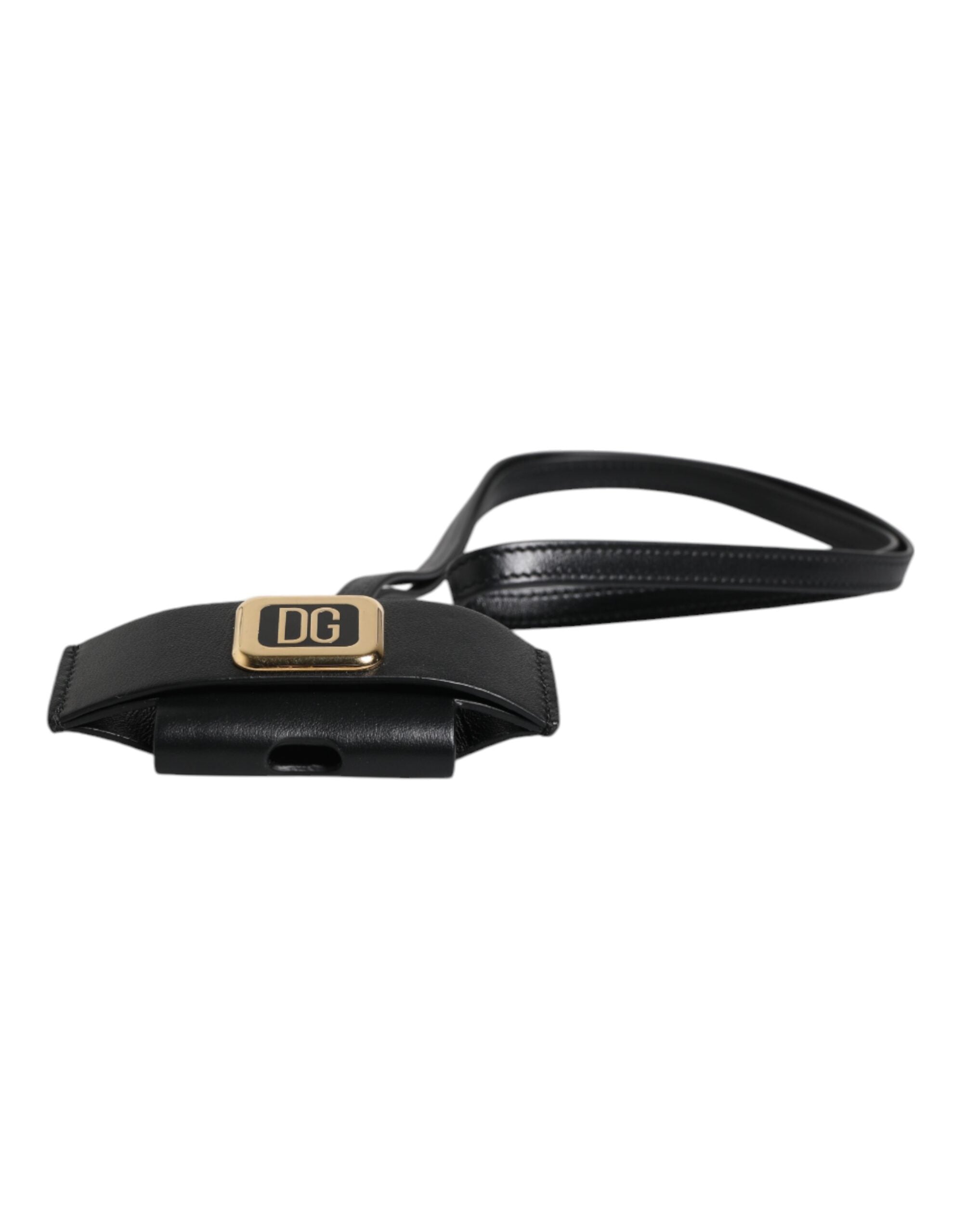 Dolce & Gabbana Black Leather Strap Gold Metal Logo Plaque Airpods Men's Case