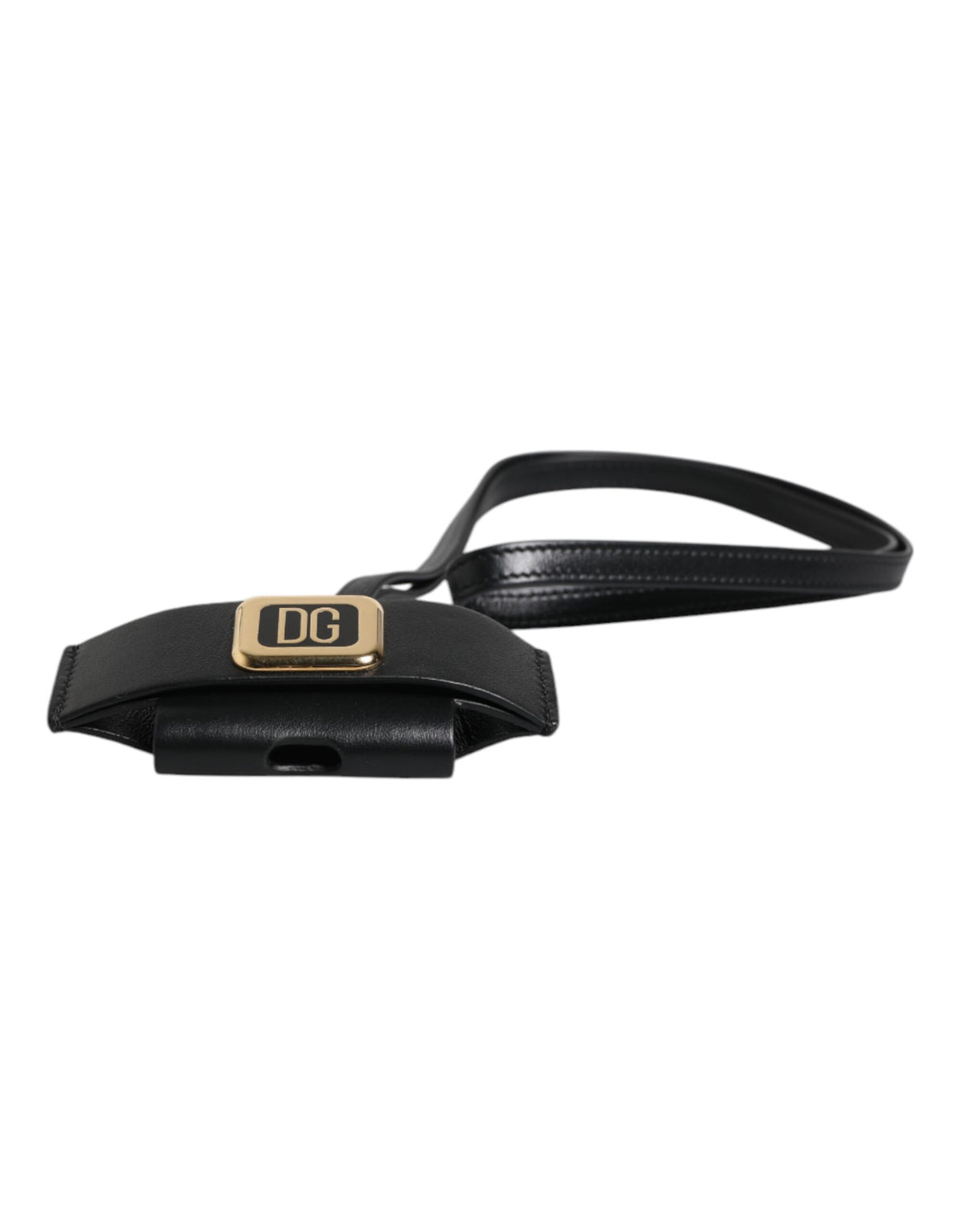 Dolce & Gabbana Black Leather Strap Gold Metal Logo Plaque Airpods Men's Case