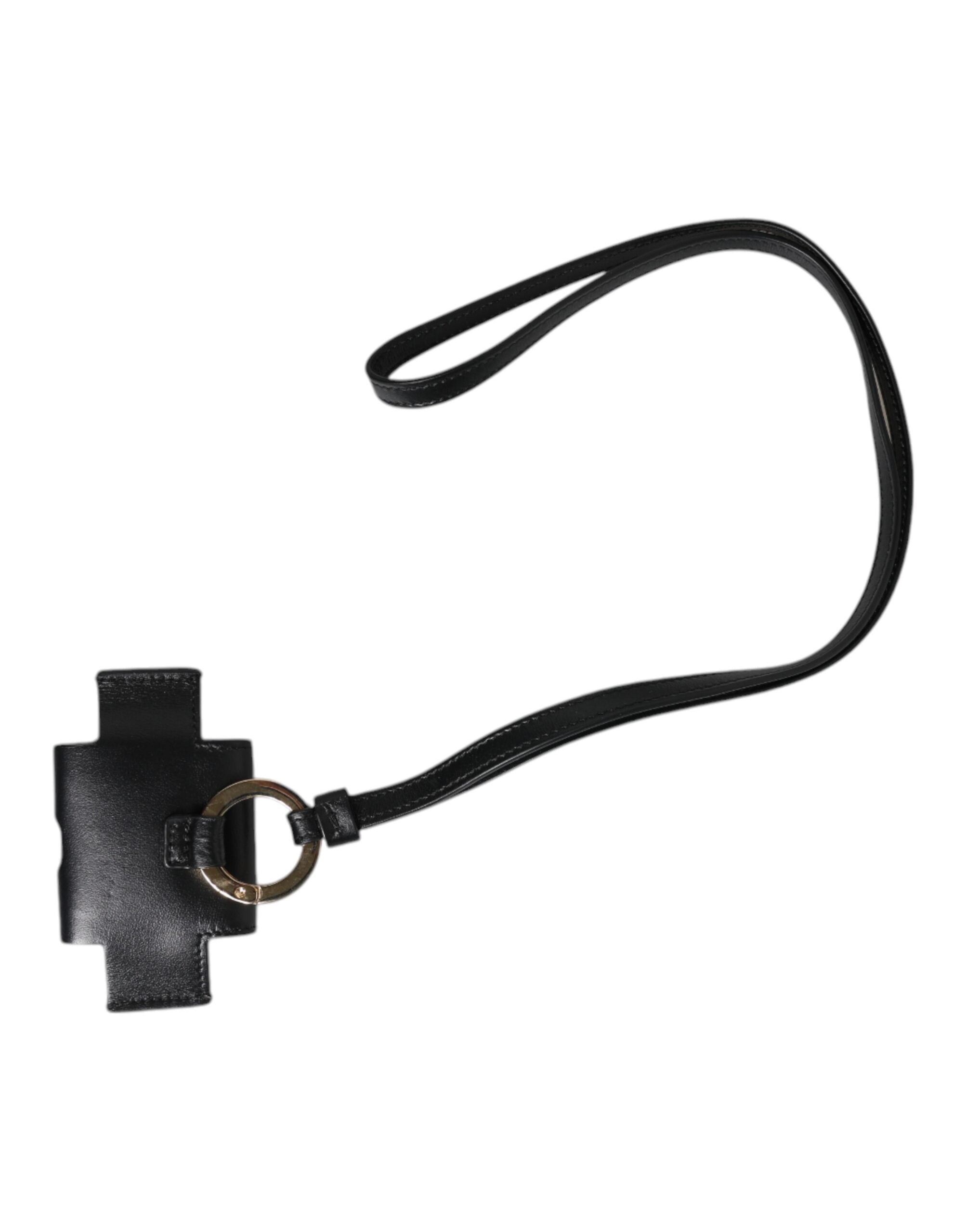 Dolce & Gabbana Black Leather Strap Gold Metal Logo Plaque Airpods Men's Case