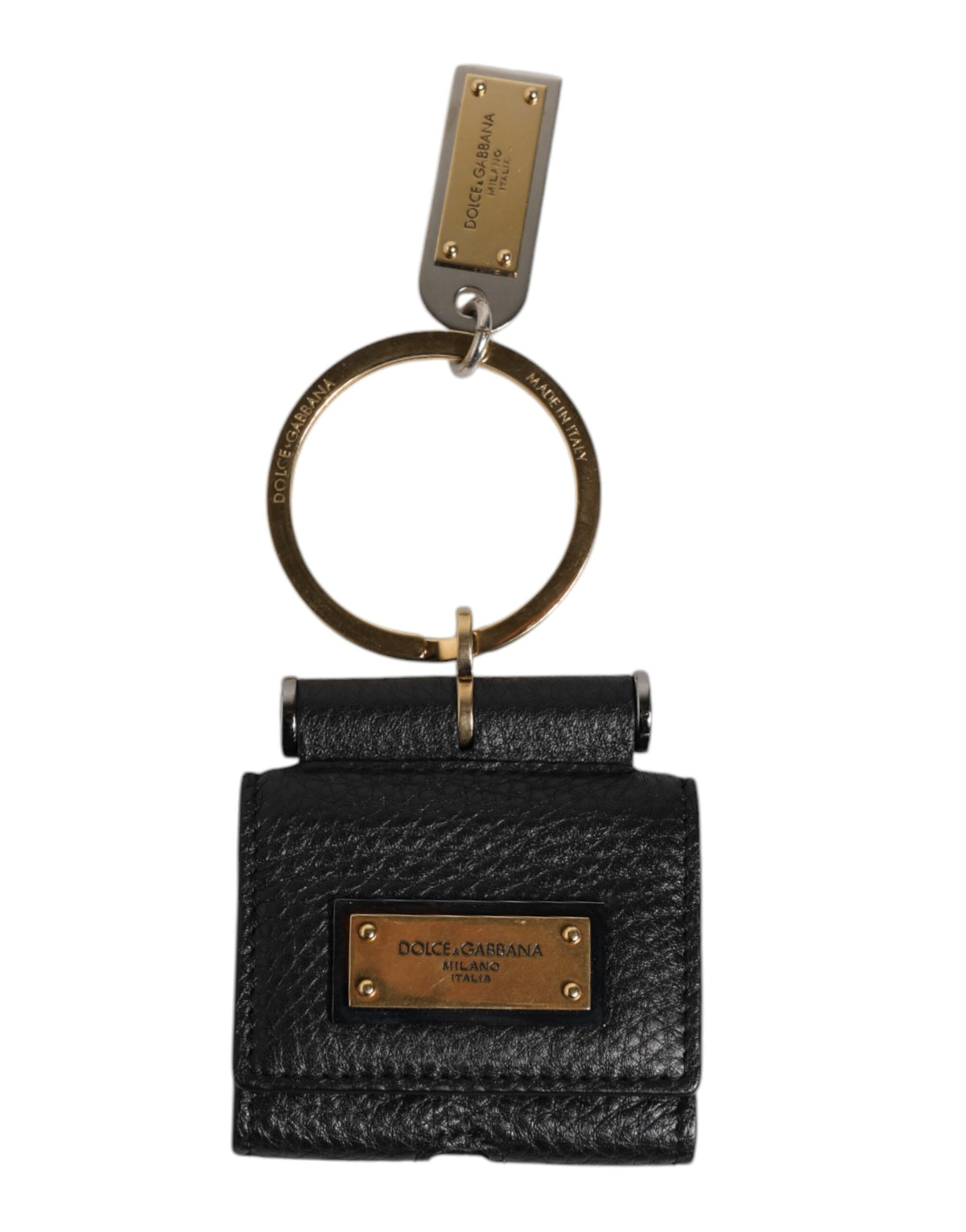 Dolce & Gabbana Black Leather Strap Gold Metal Logo Plaque Airpods Men's Case