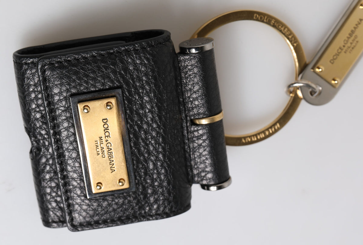 Dolce & Gabbana Black Leather Strap Gold Metal Logo Plaque Airpods Men's Case