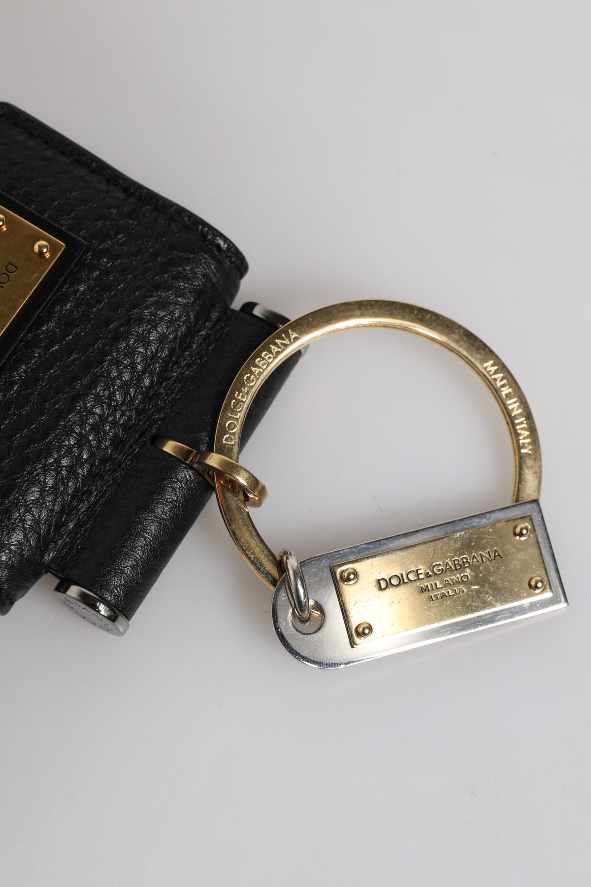 Dolce & Gabbana Black Leather Strap Gold Metal Logo Plaque Airpods Men's Case