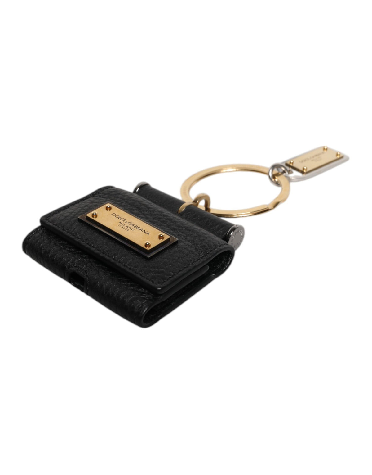 Dolce & Gabbana Black Leather Strap Gold Metal Logo Plaque Airpods Men's Case